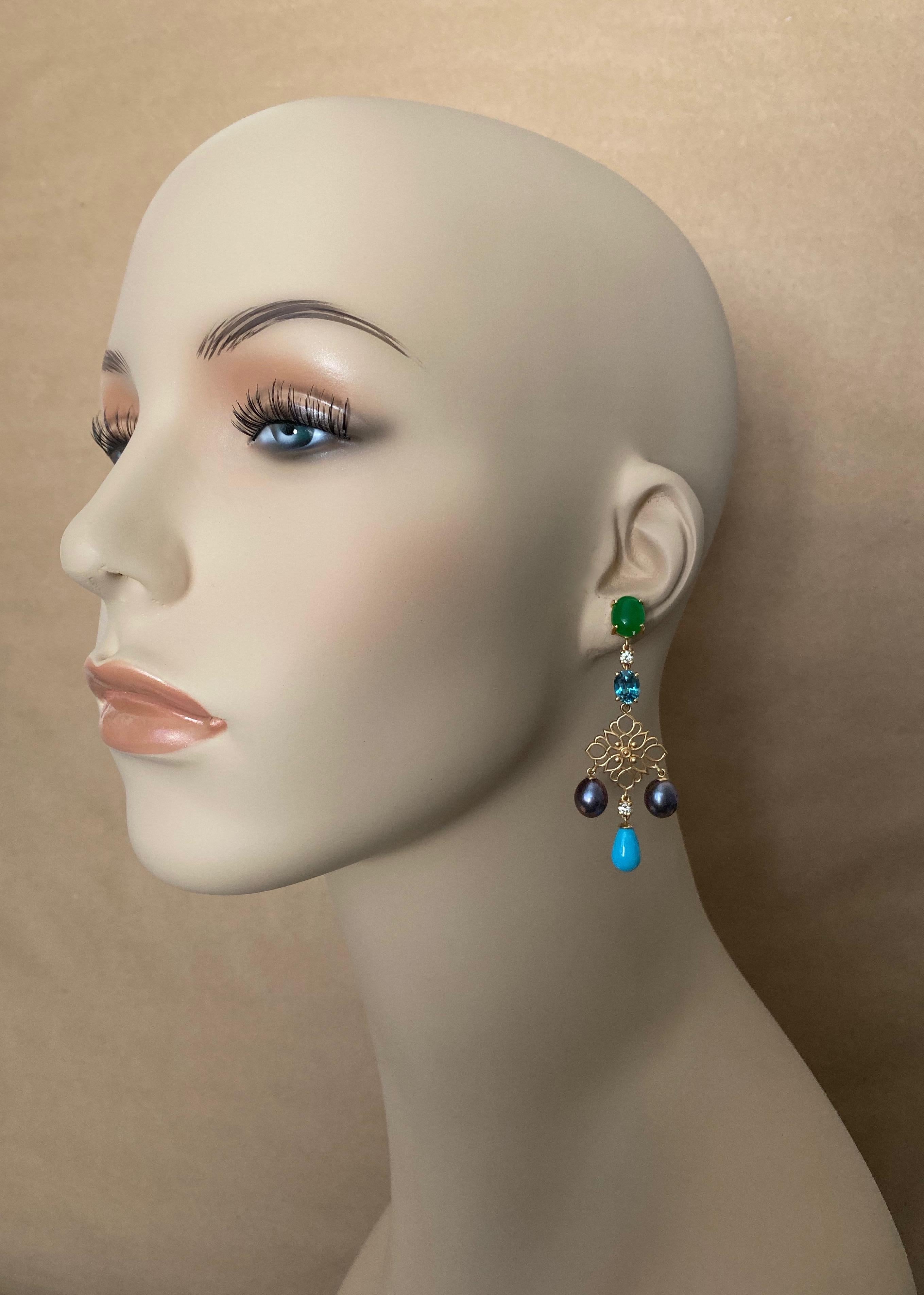 Michael Kneebone Chrysoprase Zircon Diamond Pearl Turquoise Dangle Earrings In New Condition In Austin, TX
