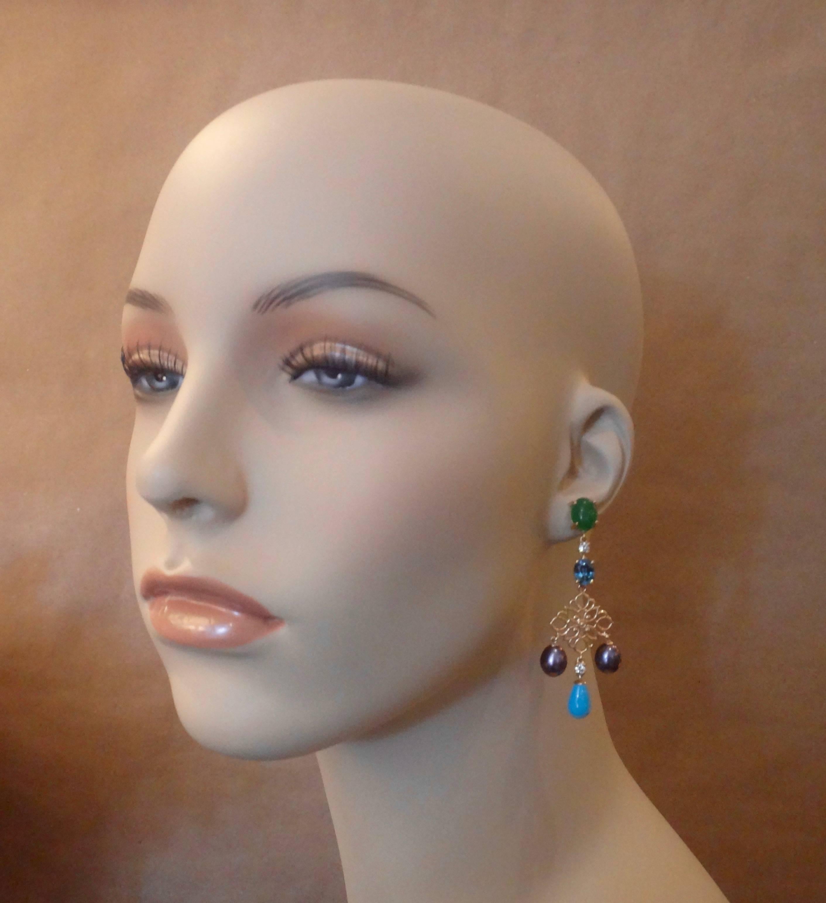 Michael Kneebone Chrysoprase Zircon Diamond Pearl Turquoise Dangle Earrings 3