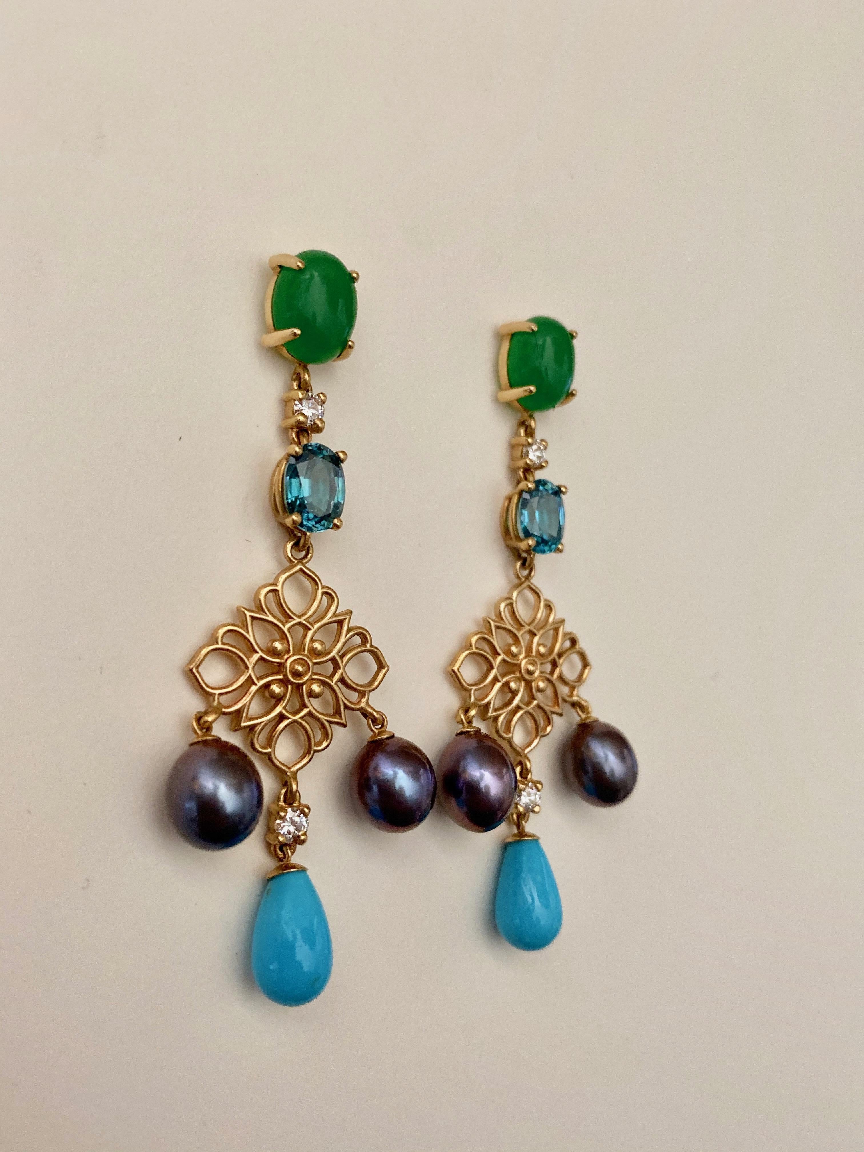 Michael Kneebone Chrysoprase Zircon Diamond Pearl Turquoise Dangle Earrings 2
