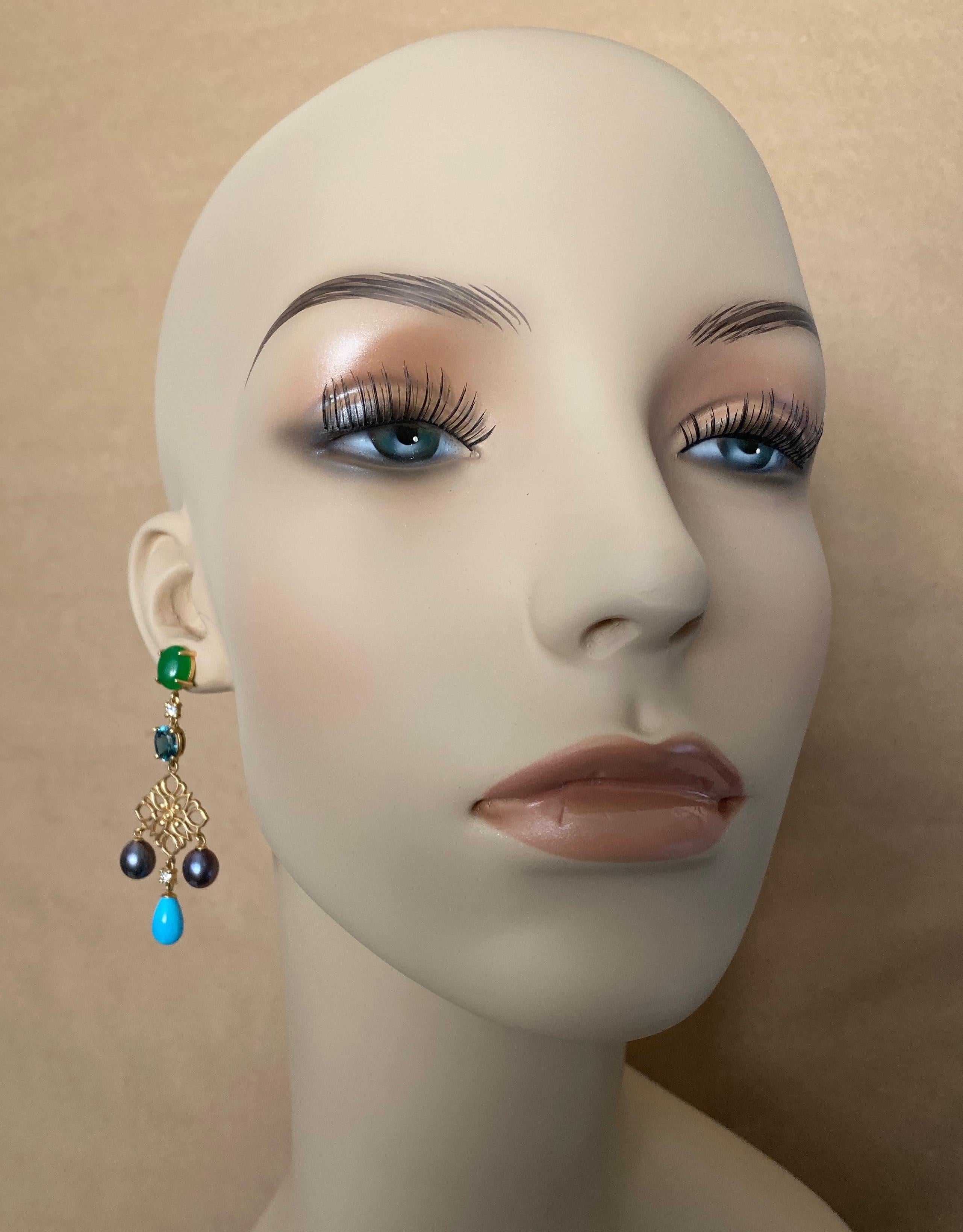Michael Kneebone Chrysoprase Zircon Diamond Pearl Turquoise Dangle Earrings 3