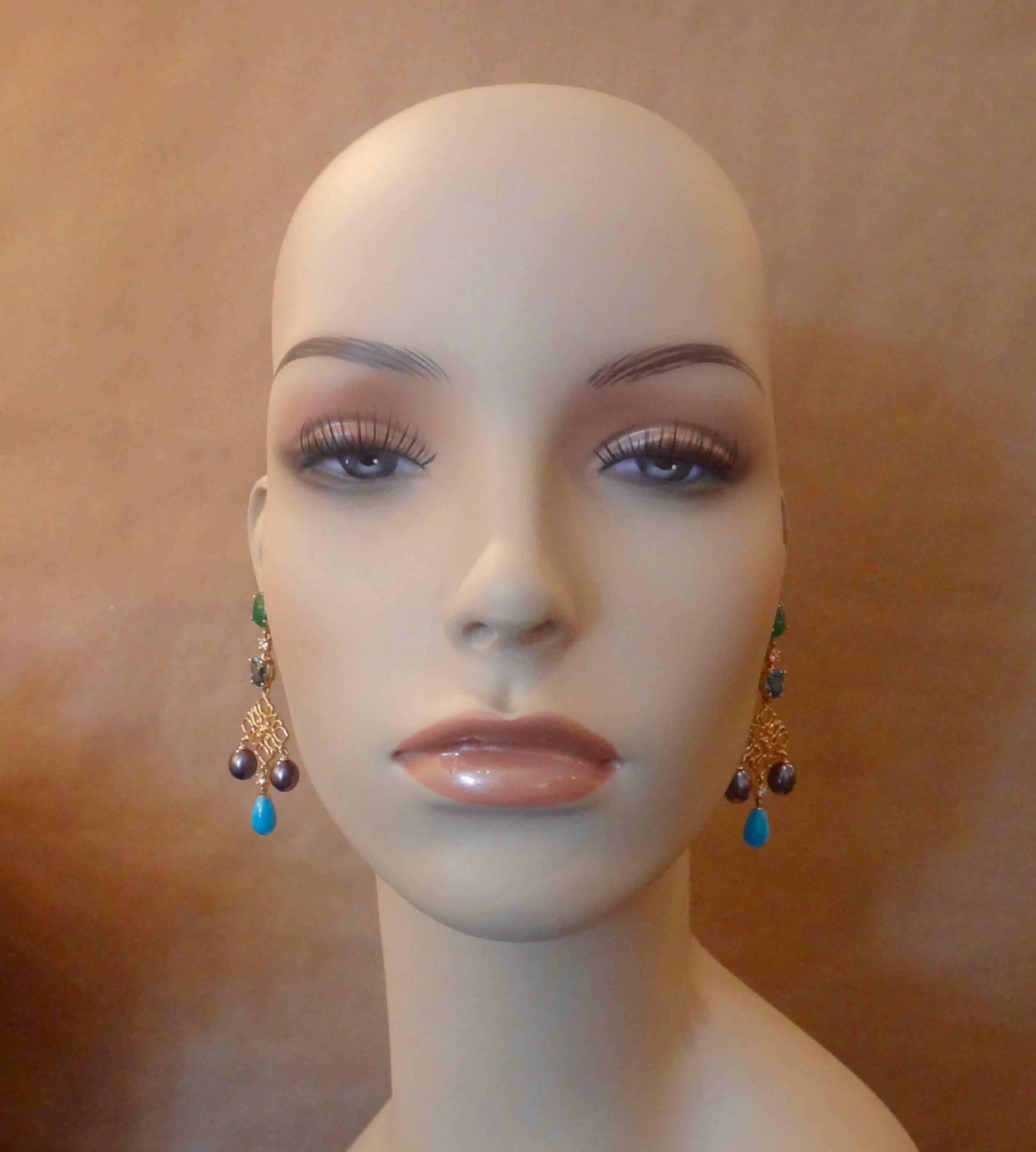 Michael Kneebone Chrysoprase Zircon Diamond Pearl Turquoise Dangle Earrings 5