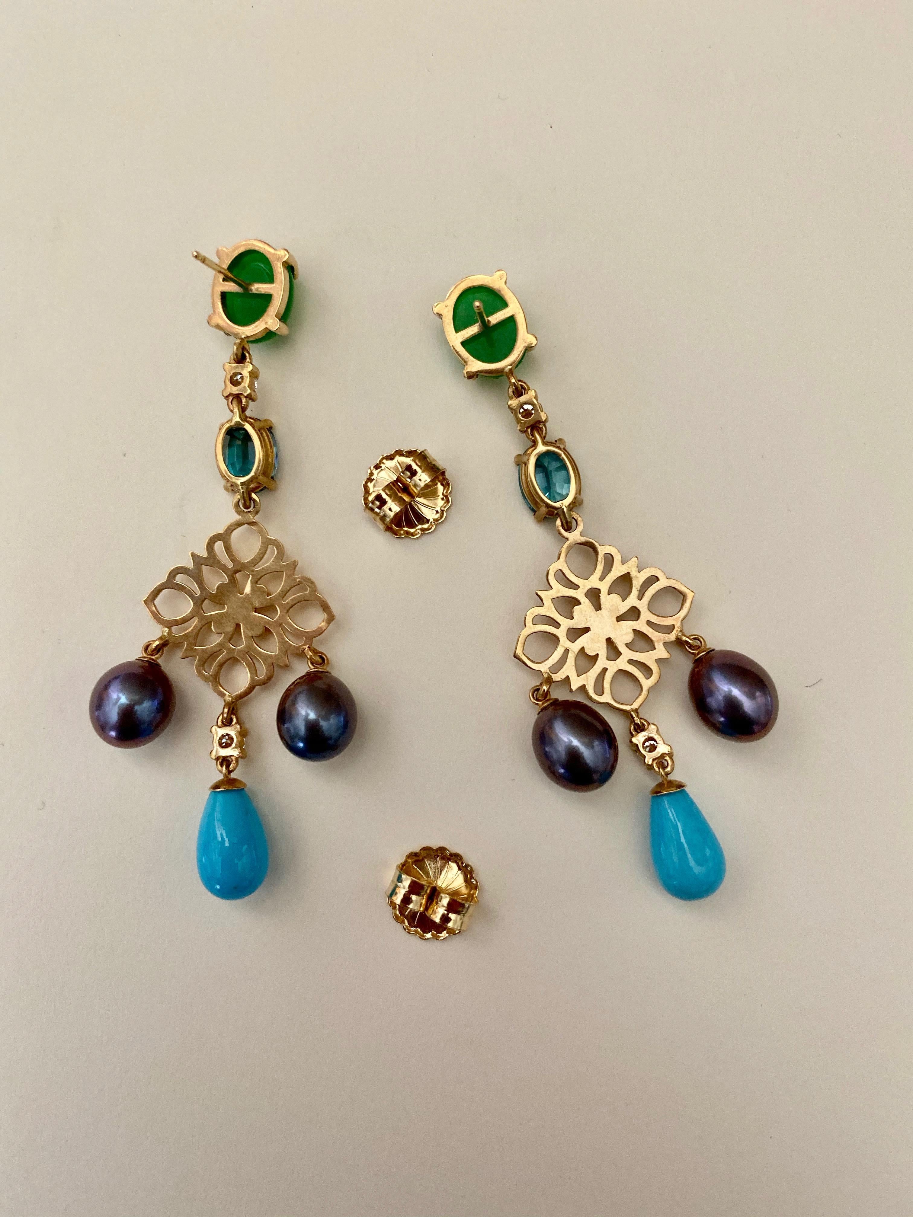 Michael Kneebone Chrysoprase Zircon Diamond Pearl Turquoise Dangle Earrings 4