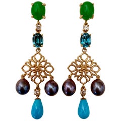 Michael Kneebone Chrysoprase Zircon Diamond Pearl Turquoise Dangle Earrings