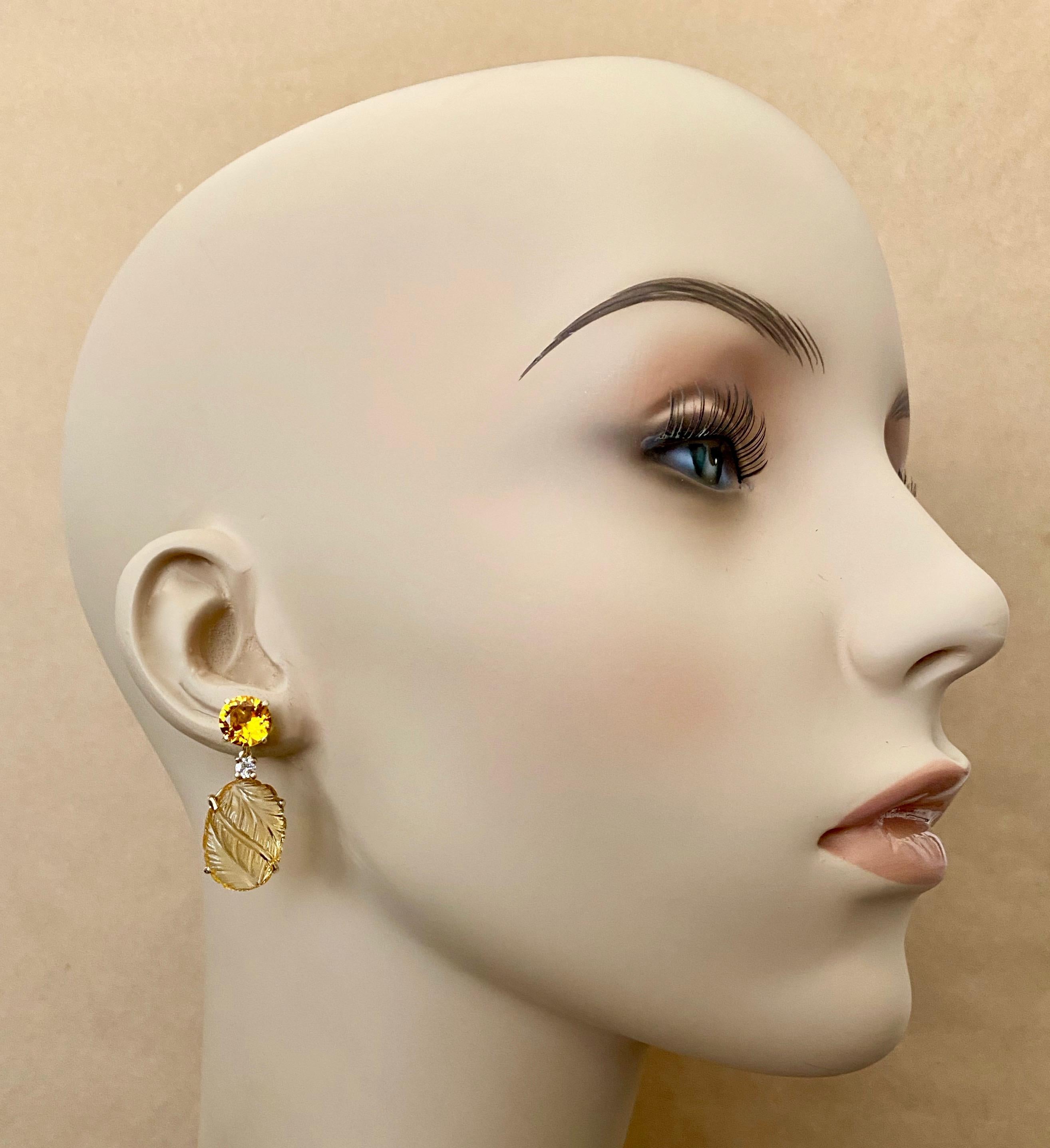 Contemporary Michael Kneebone Citrine Carved Citrine White Diamond Dangle Earrings For Sale