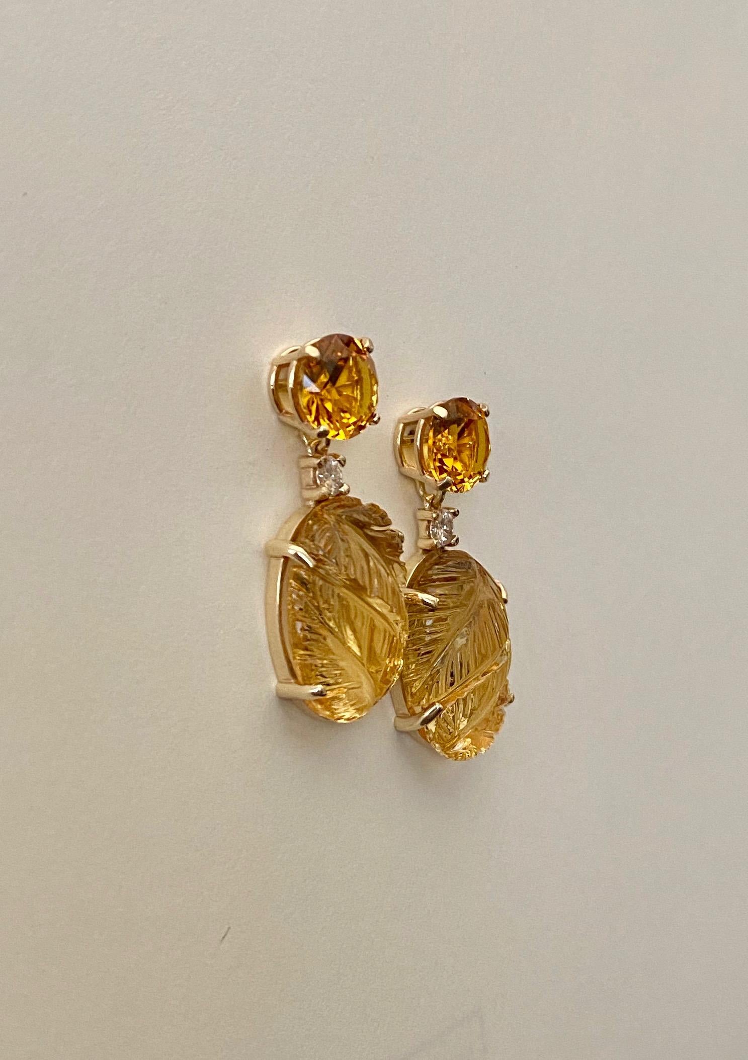 Women's Michael Kneebone Citrine Carved Citrine White Diamond Dangle Earrings For Sale