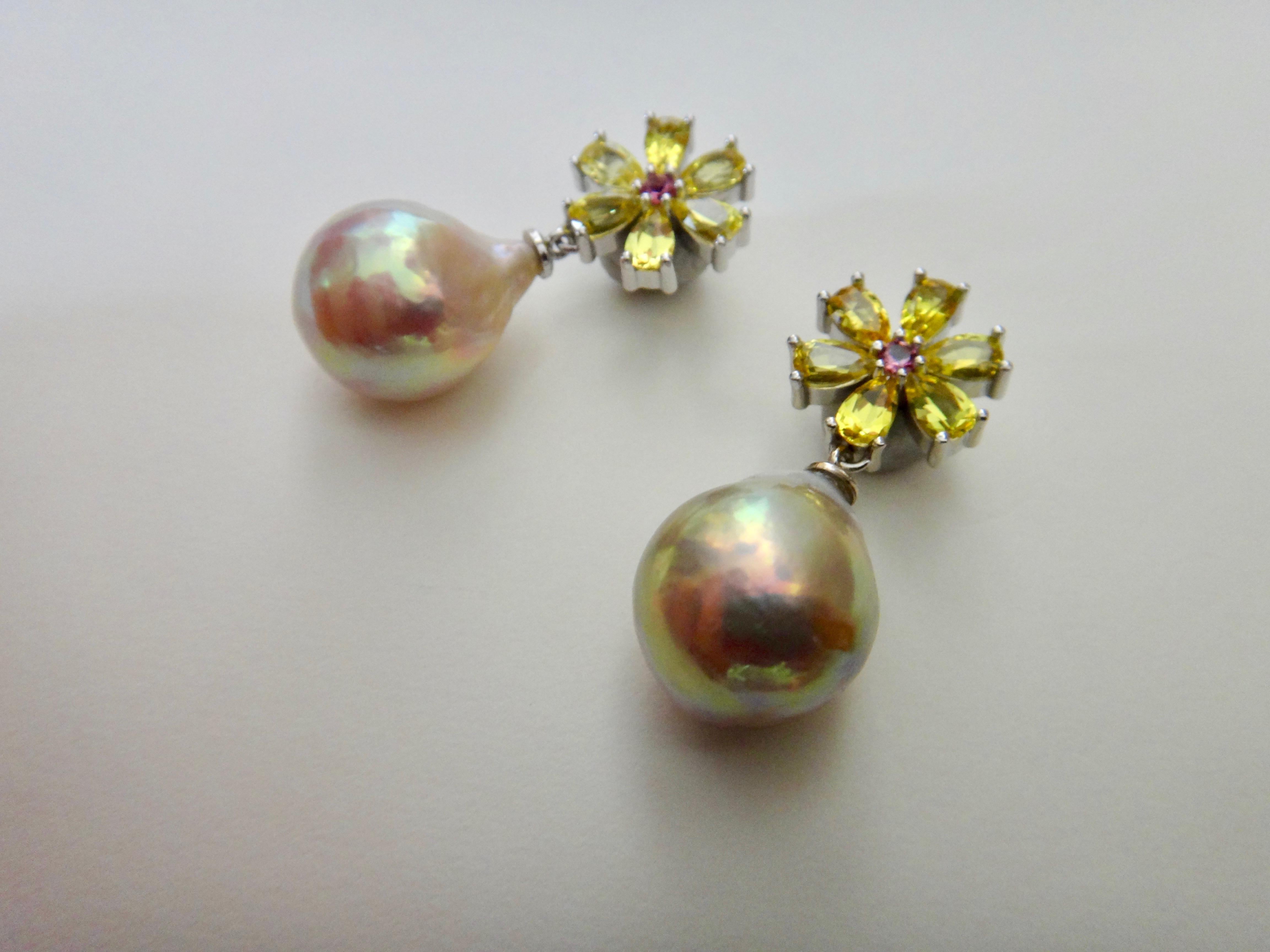 Contemporary Michael Kneebone Citrine Pink Tourmaline Kasumi Pearl Flower Dangle Earrings