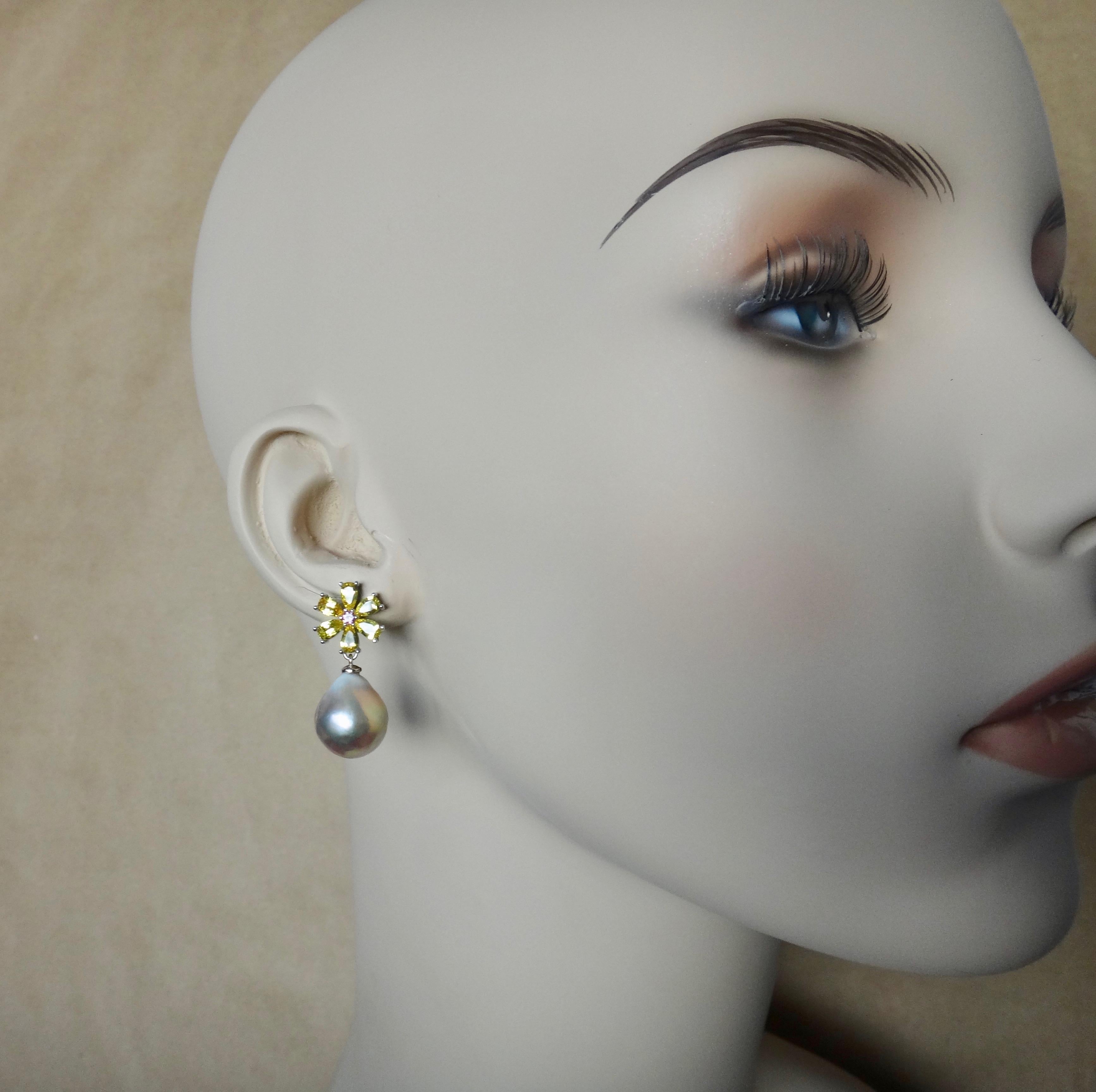 Michael Kneebone Citrine Pink Tourmaline Kasumi Pearl Flower Dangle Earrings In New Condition In Austin, TX