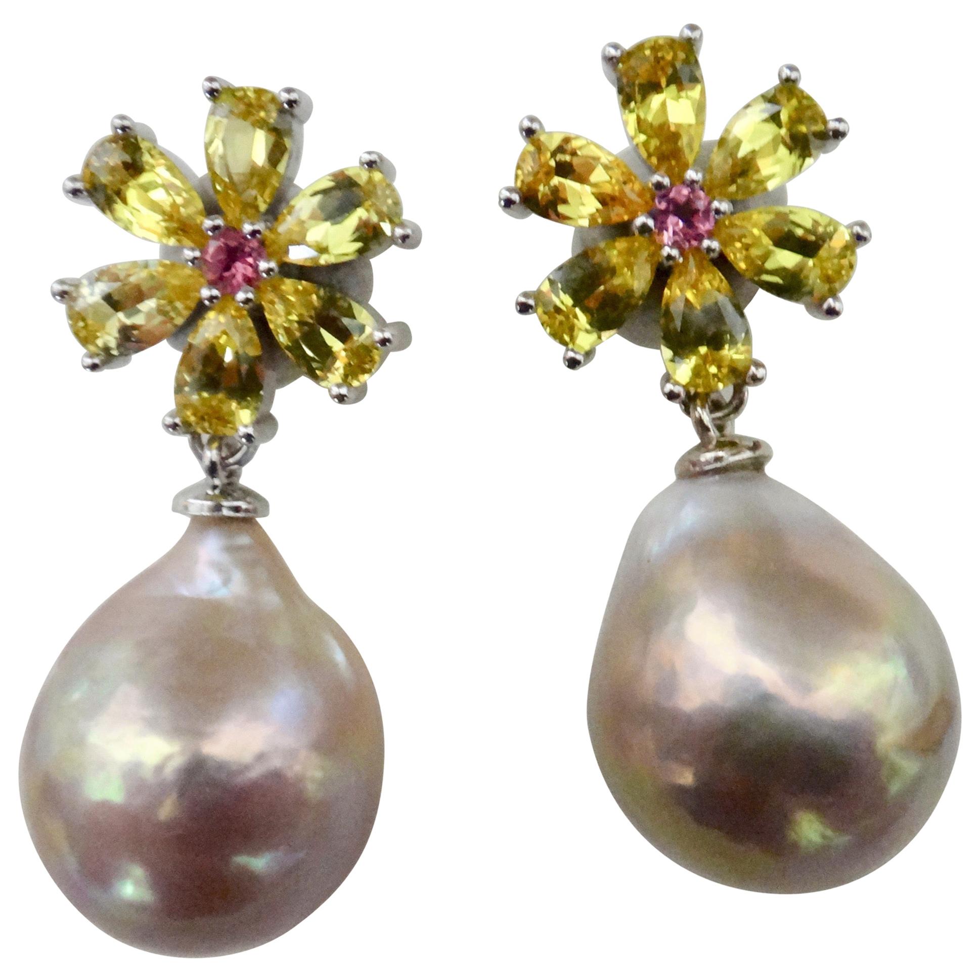 Michael Kneebone Citrine Pink Tourmaline Kasumi Pearl Flower Dangle Earrings