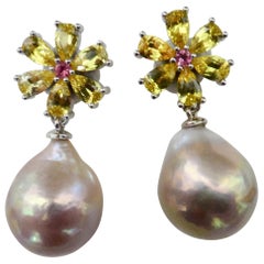 Michael Kneebone Citrine Pink Tourmaline Kasumi Pearl Flower Dangle Earrings