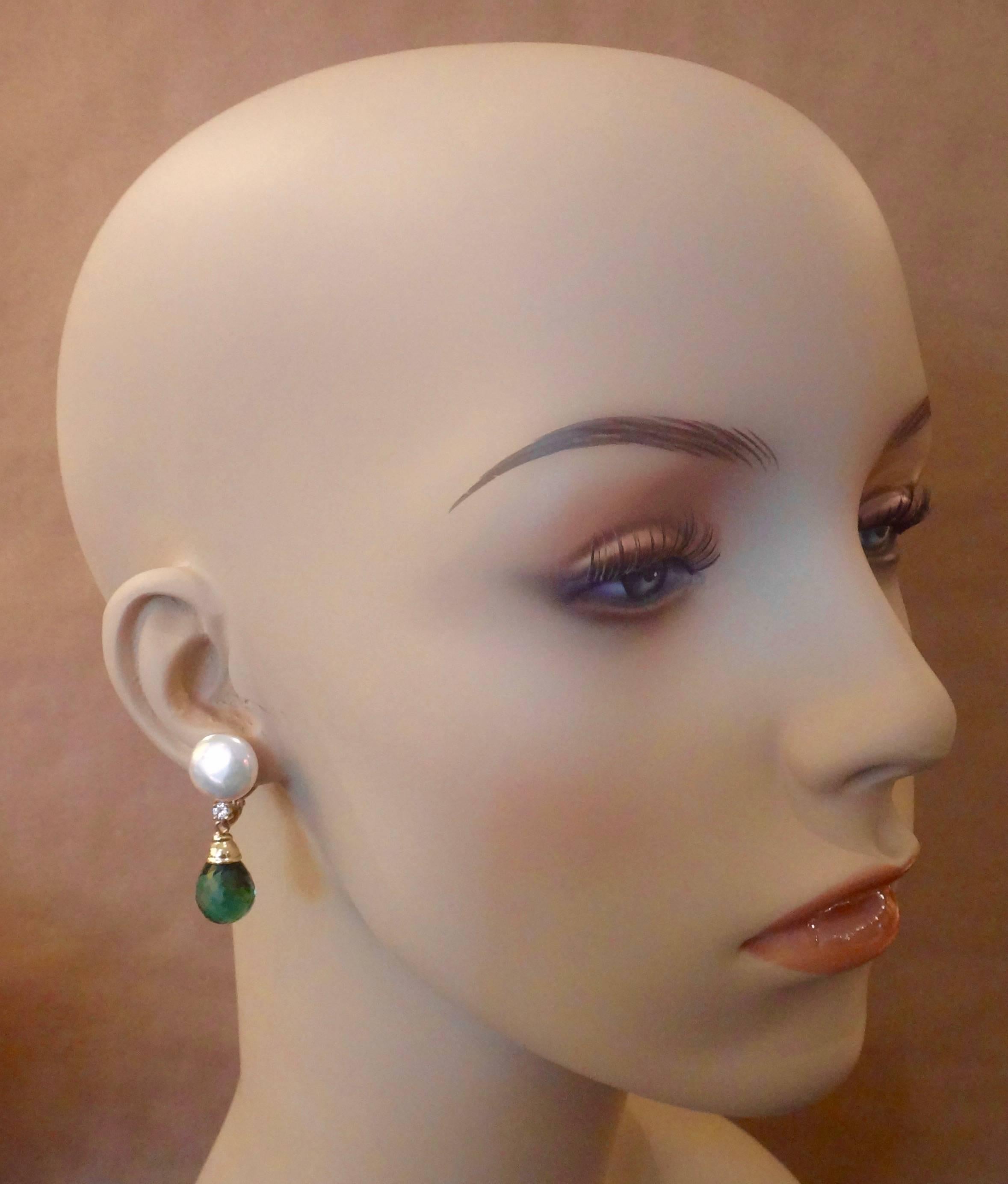 Women's Michael Kneebone Coin Pearl Green Amethyst Briolette Diamond Drop Earrings