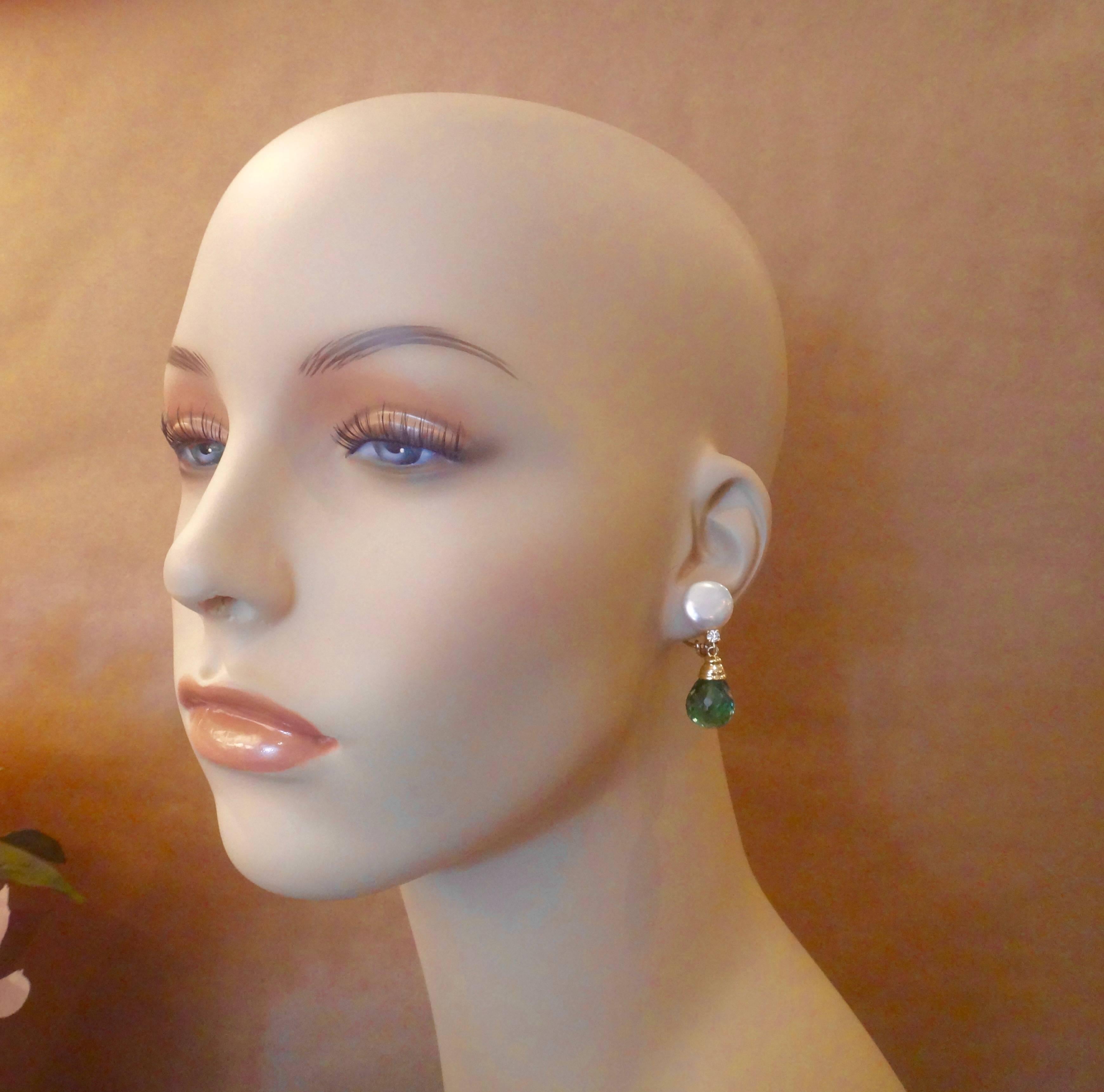 Michael Kneebone Coin Pearl Green Amethyst Briolette Diamond Drop Earrings 1