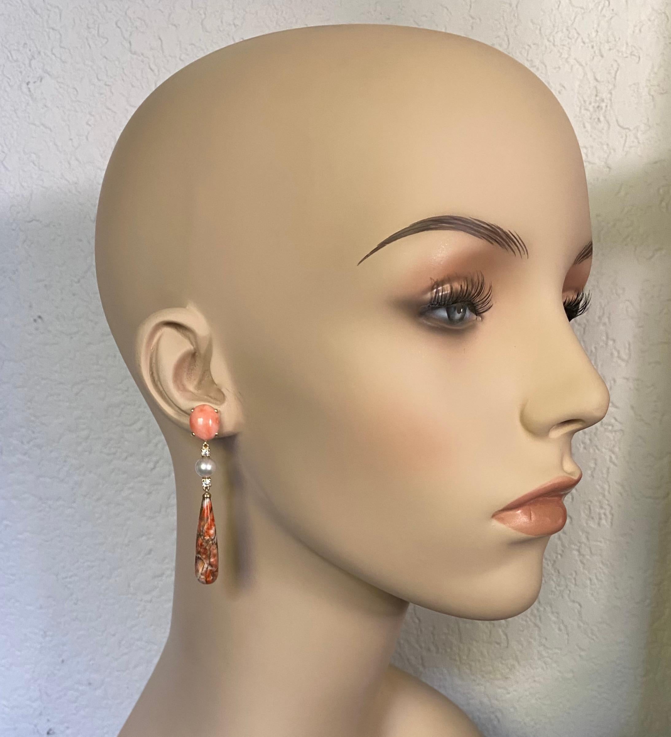 Michael Kneebone Coral Diamond Akoya Pearl Fossilized Coral Dangle Earrings For Sale 4