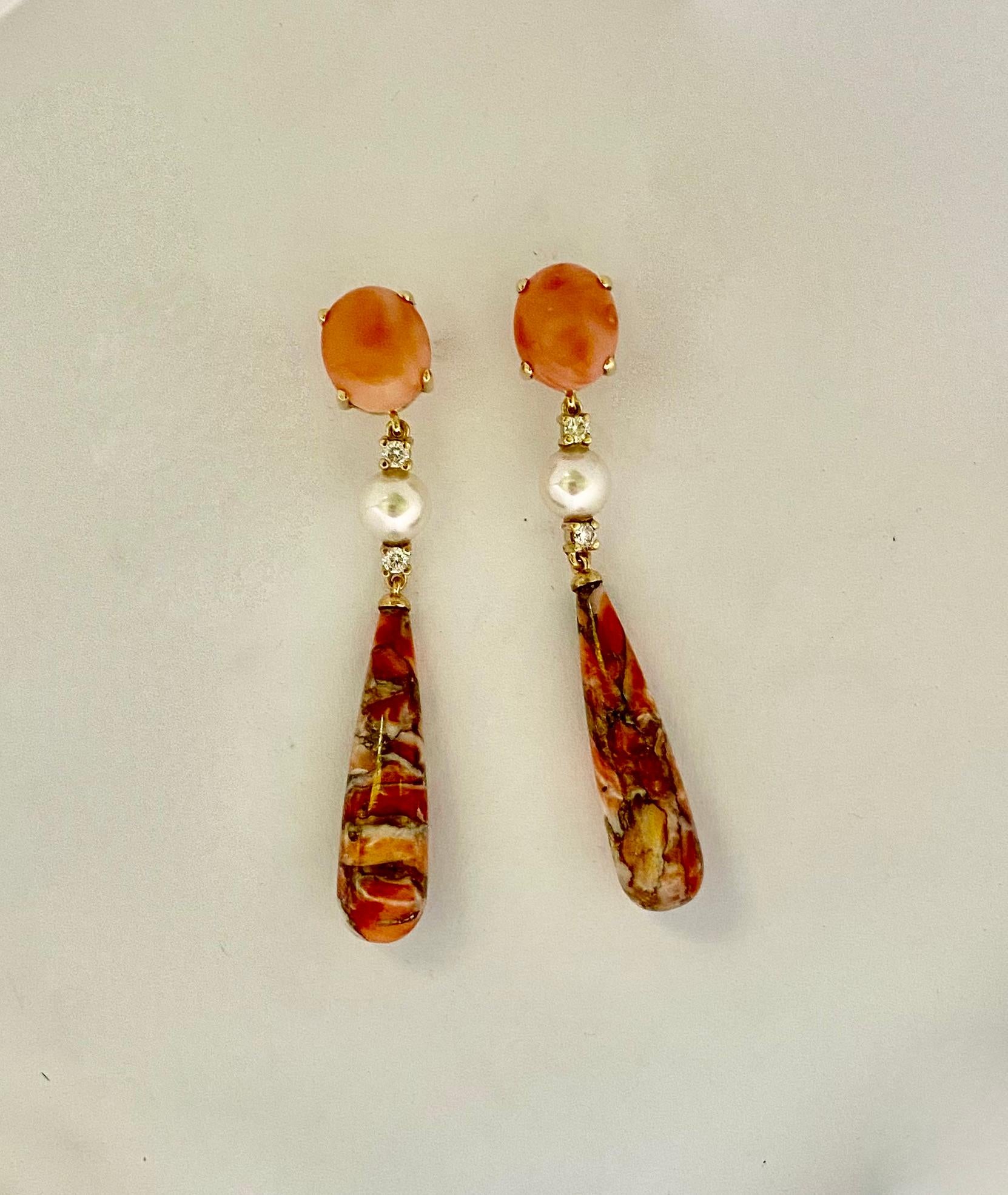 Contemporary Michael Kneebone Coral Diamond Akoya Pearl Fossilized Coral Dangle Earrings For Sale