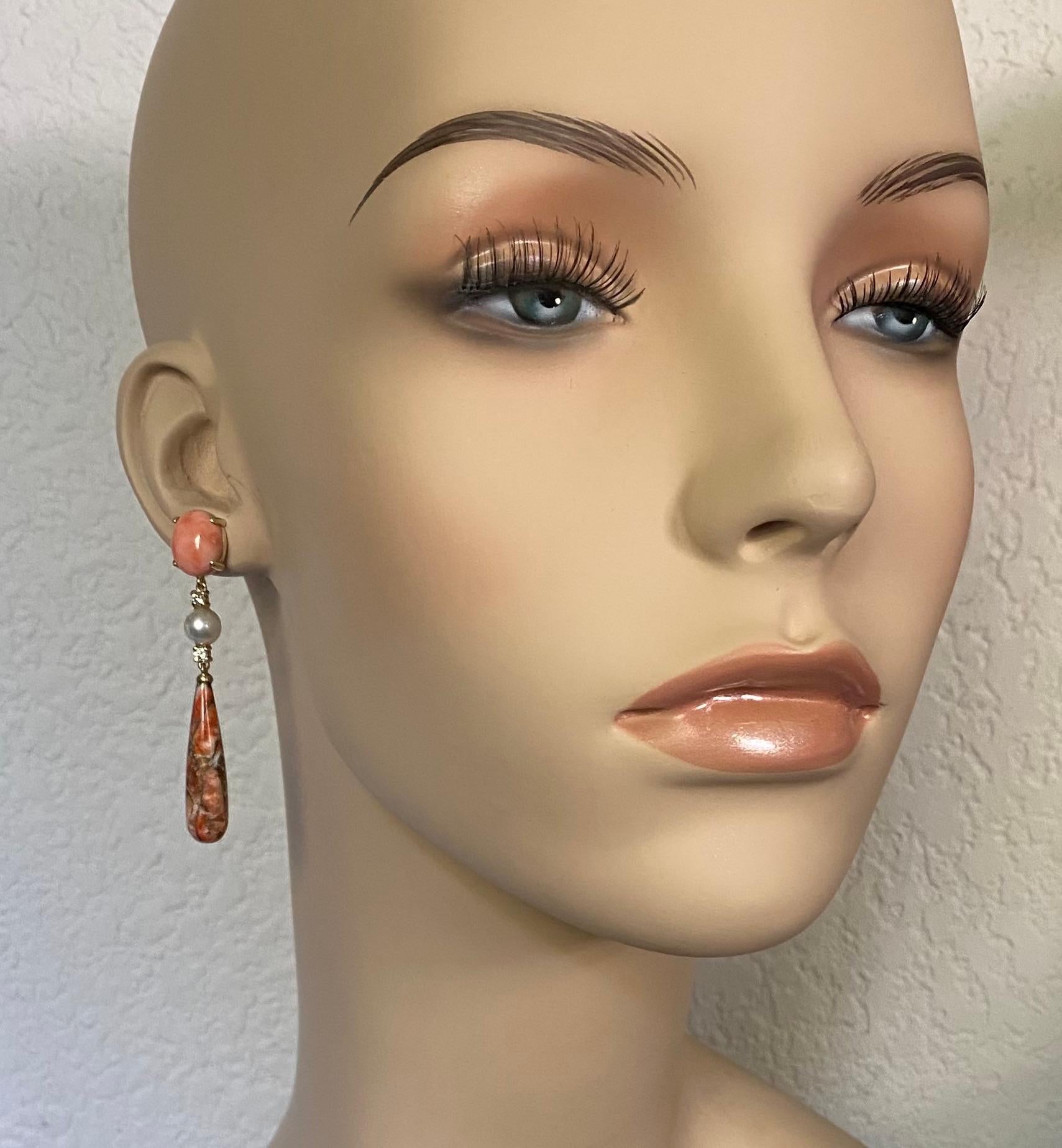 Mixed Cut Michael Kneebone Coral Diamond Akoya Pearl Fossilized Coral Dangle Earrings For Sale