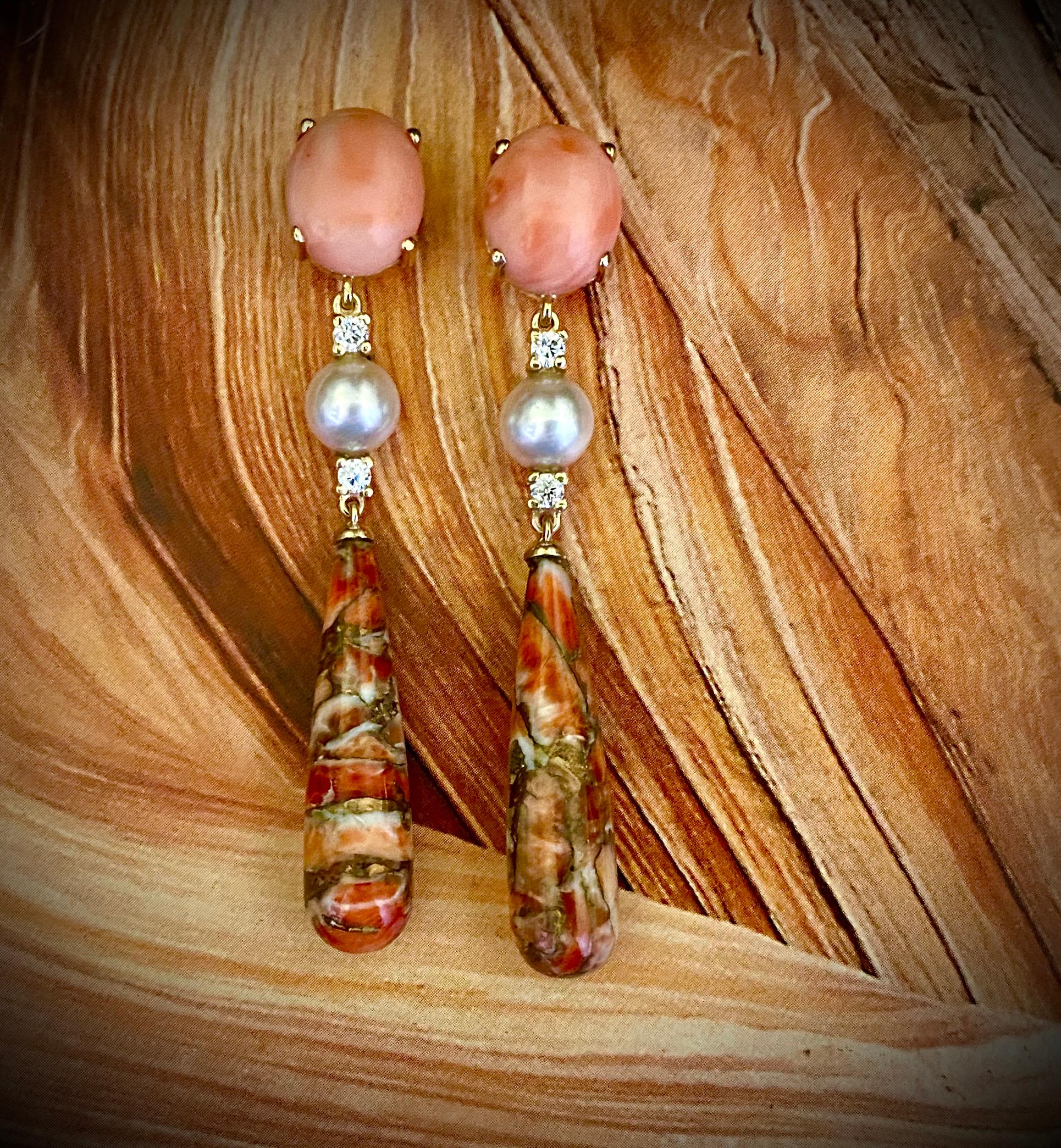 Michael Kneebone Coral Diamond Akoya Pearl Fossilized Coral Dangle Earrings In New Condition For Sale In Austin, TX