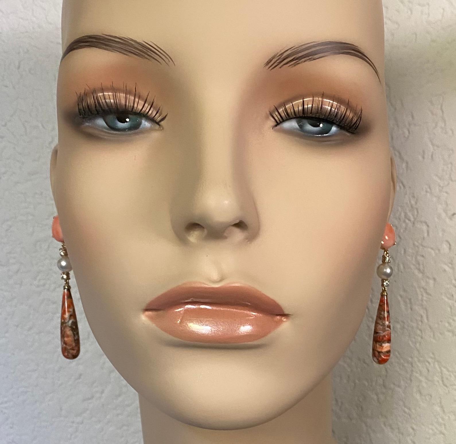 Women's Michael Kneebone Coral Diamond Akoya Pearl Fossilized Coral Dangle Earrings For Sale