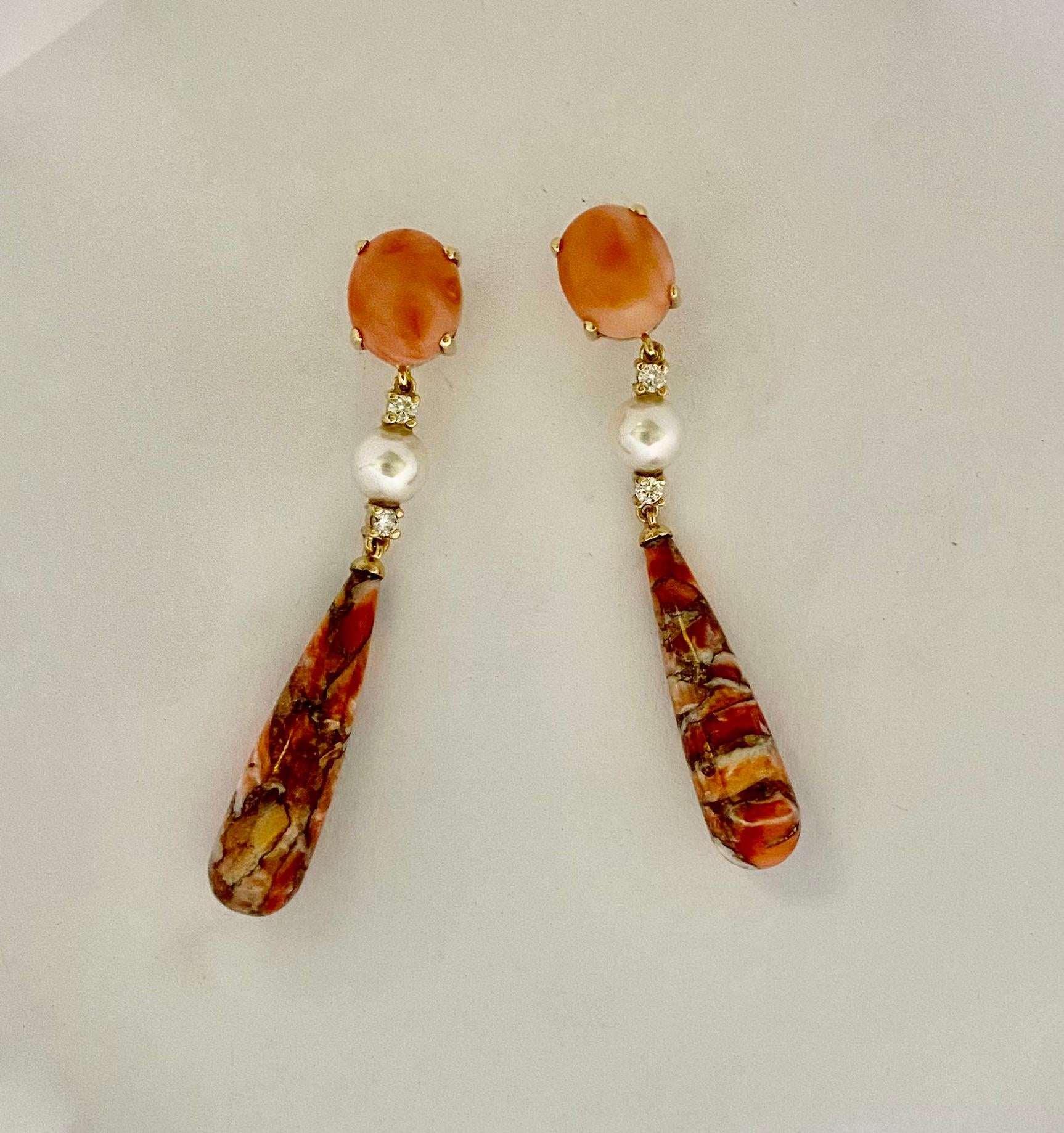 Michael Kneebone Coral Diamond Akoya Pearl Fossilized Coral Dangle Earrings For Sale 1