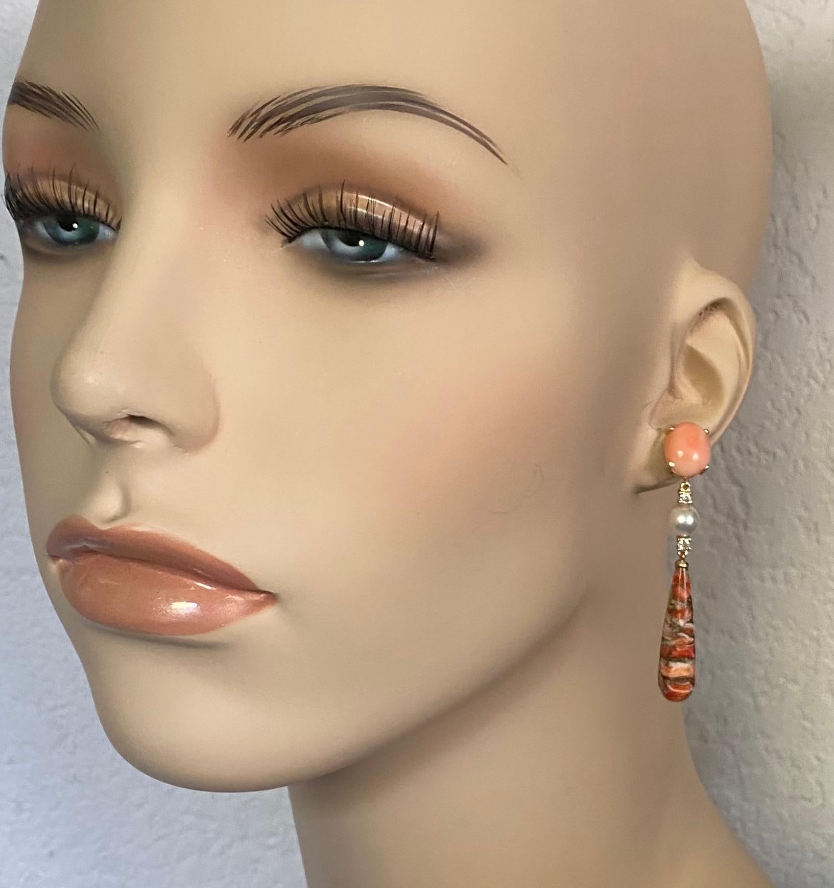 Michael Kneebone Coral Diamond Akoya Pearl Fossilized Coral Dangle Earrings For Sale 2