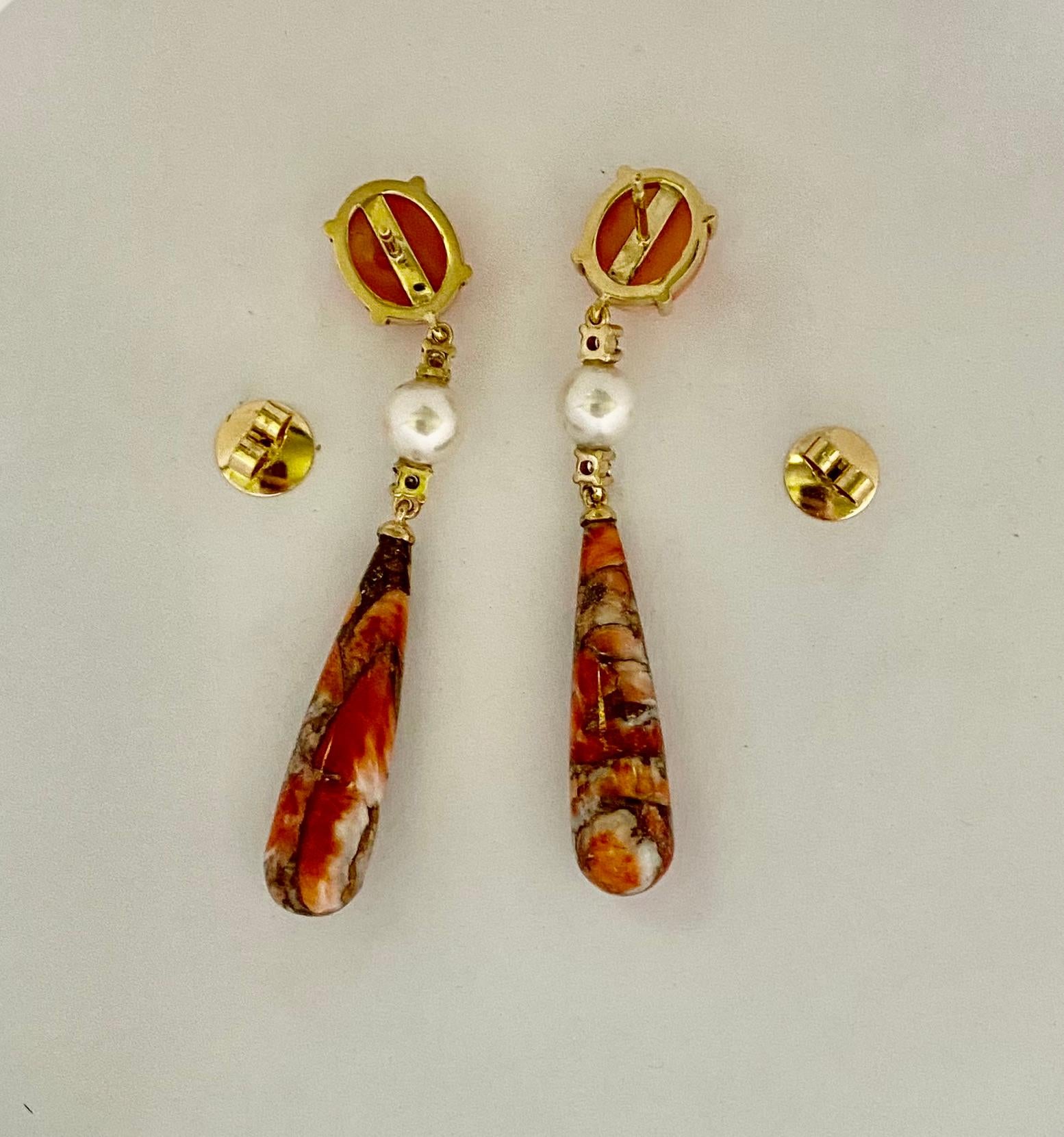Michael Kneebone Coral Diamond Akoya Pearl Fossilized Coral Dangle Earrings For Sale 3
