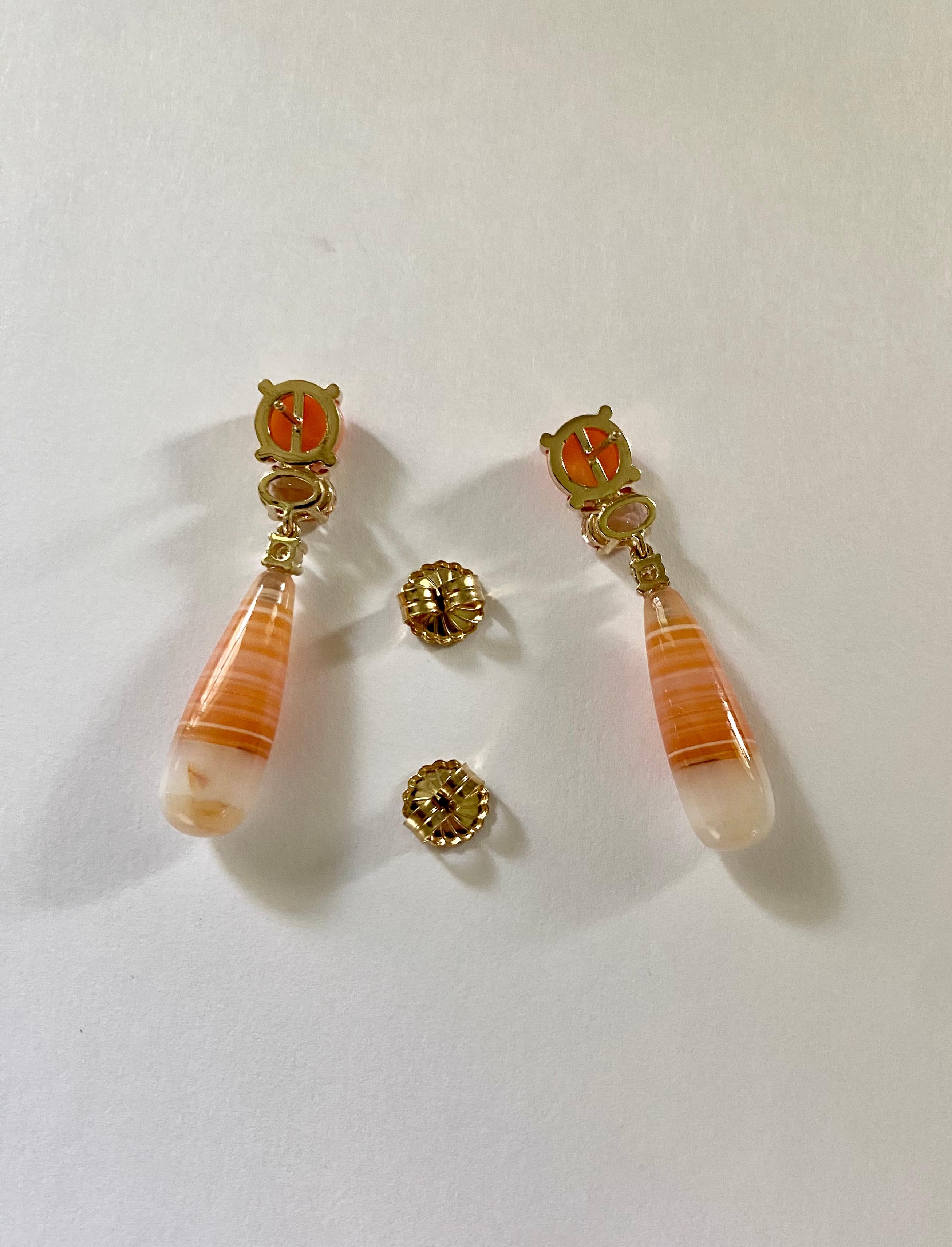 Michael Kneebone Coral Morganite Diamond Chalcedony Agate Dangle Earrings For Sale 1