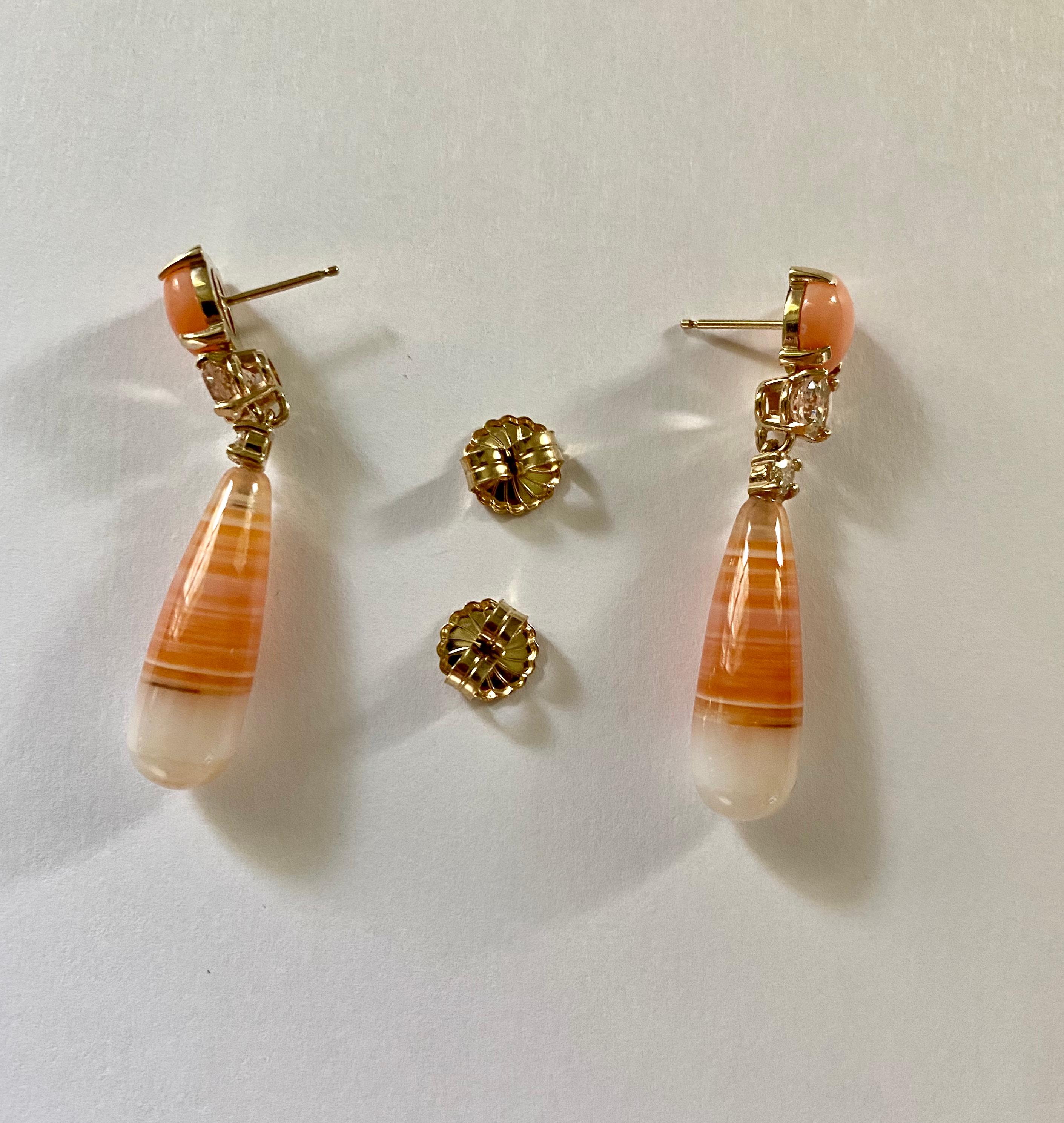 Contemporary Michael Kneebone Coral Morganite Diamond Chalcedony Agate Dangle Earrings For Sale