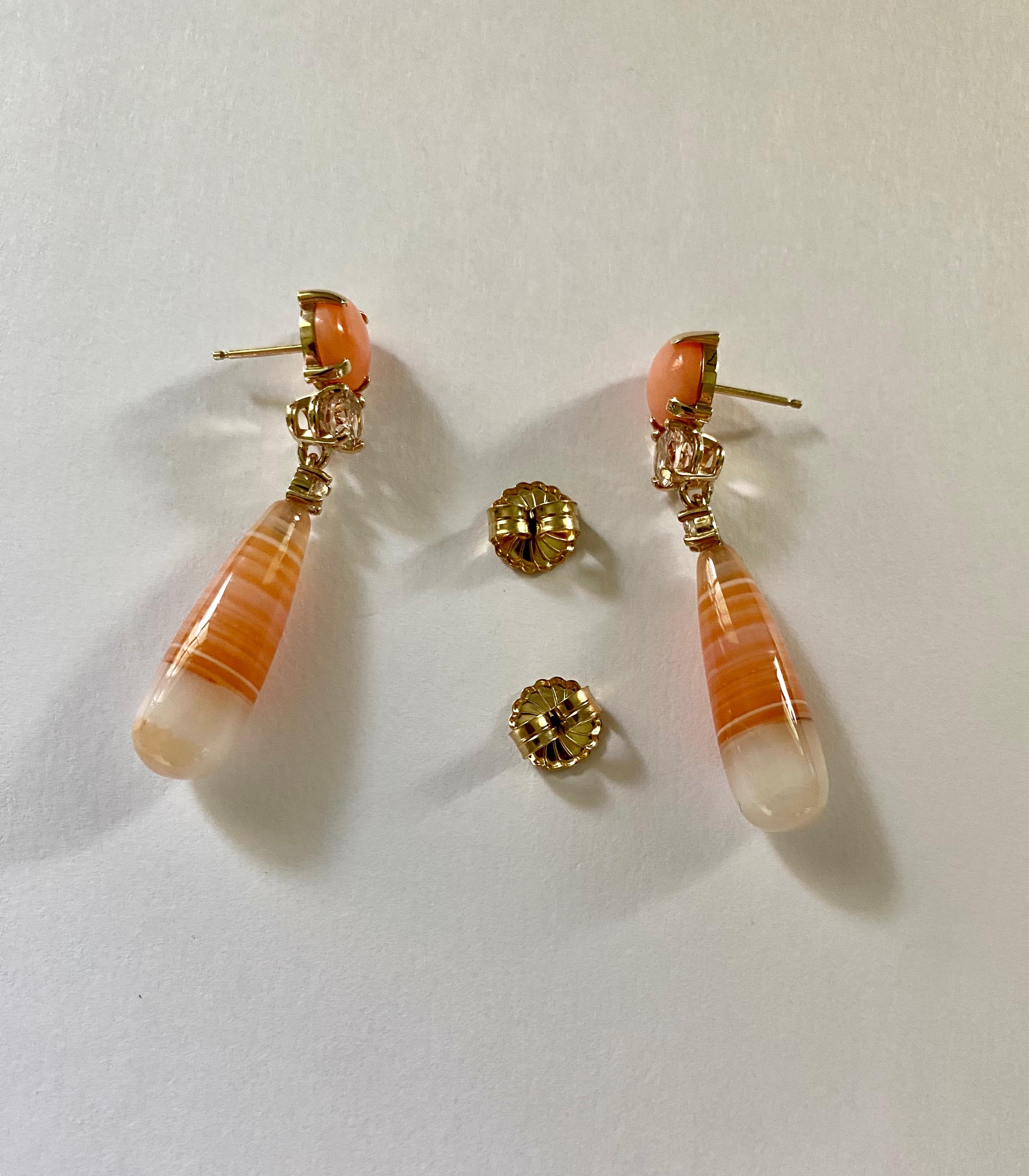 Michael Kneebone Coral Morganite Diamond Chalcedony Agate Dangle Earrings In New Condition For Sale In Austin, TX