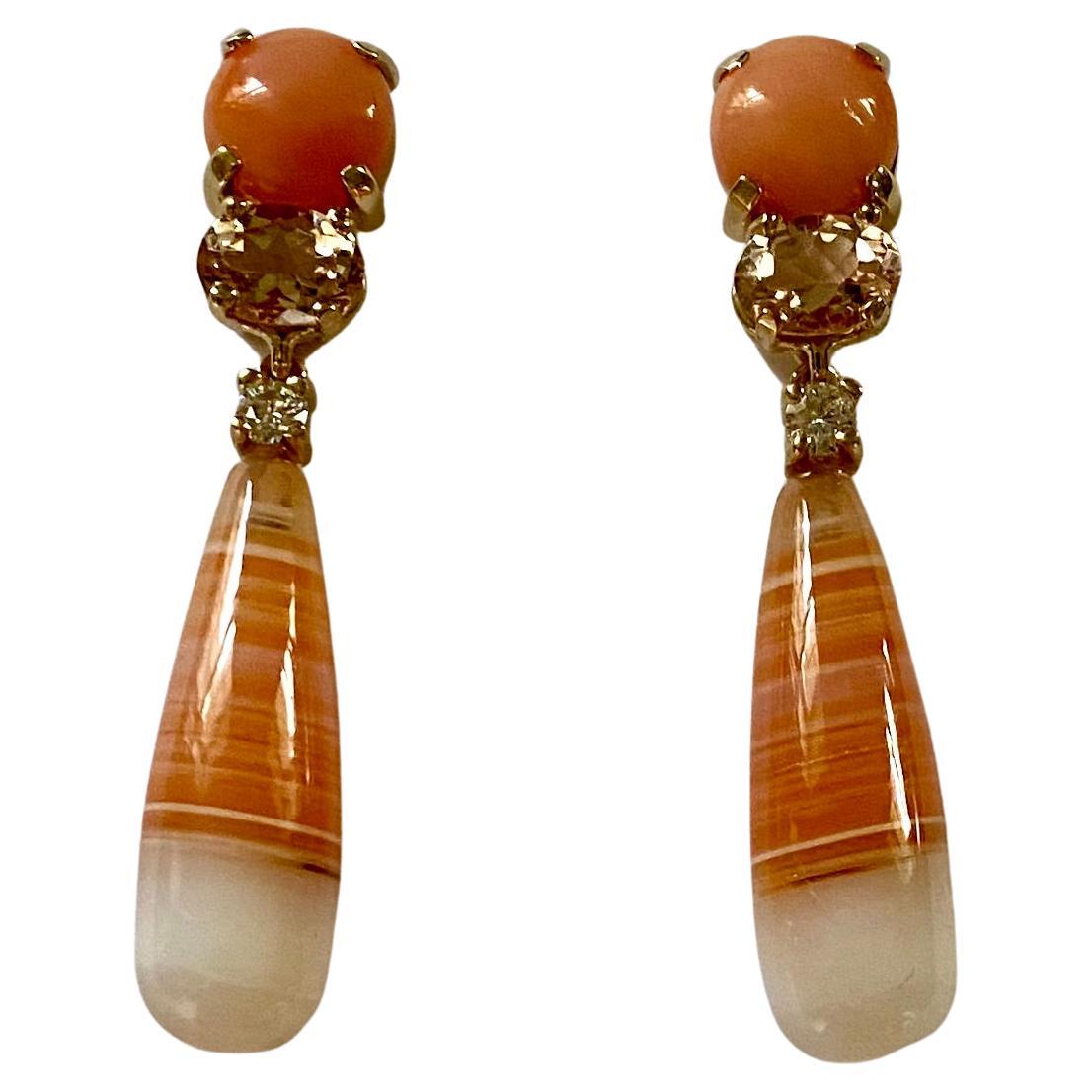 Michael Kneebone Coral Morganite Diamond Chalcedony Agate Dangle Earrings For Sale