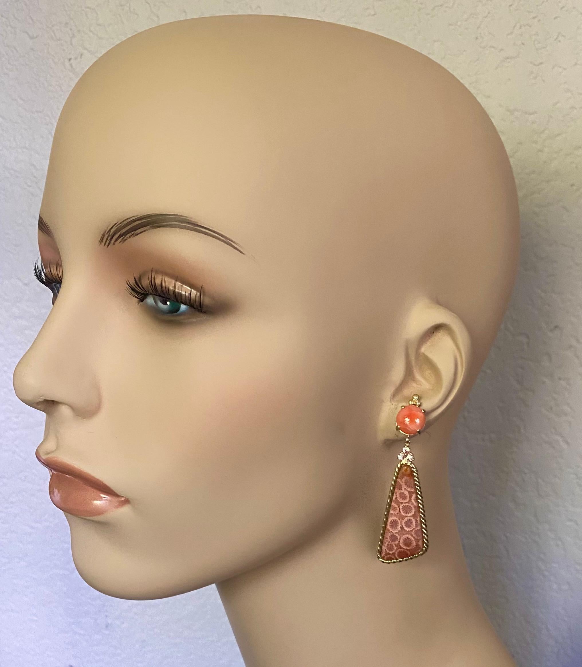 Michael Kneebone Coral Pink Sapphire Fossilized Coral Dangle Earrings For Sale 4