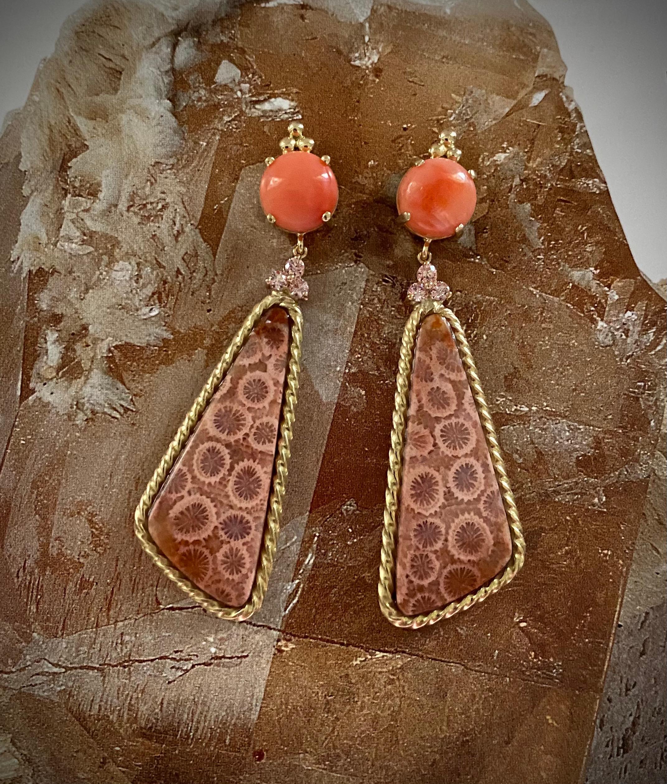 Contemporary Michael Kneebone Coral Pink Sapphire Fossilized Coral Dangle Earrings For Sale