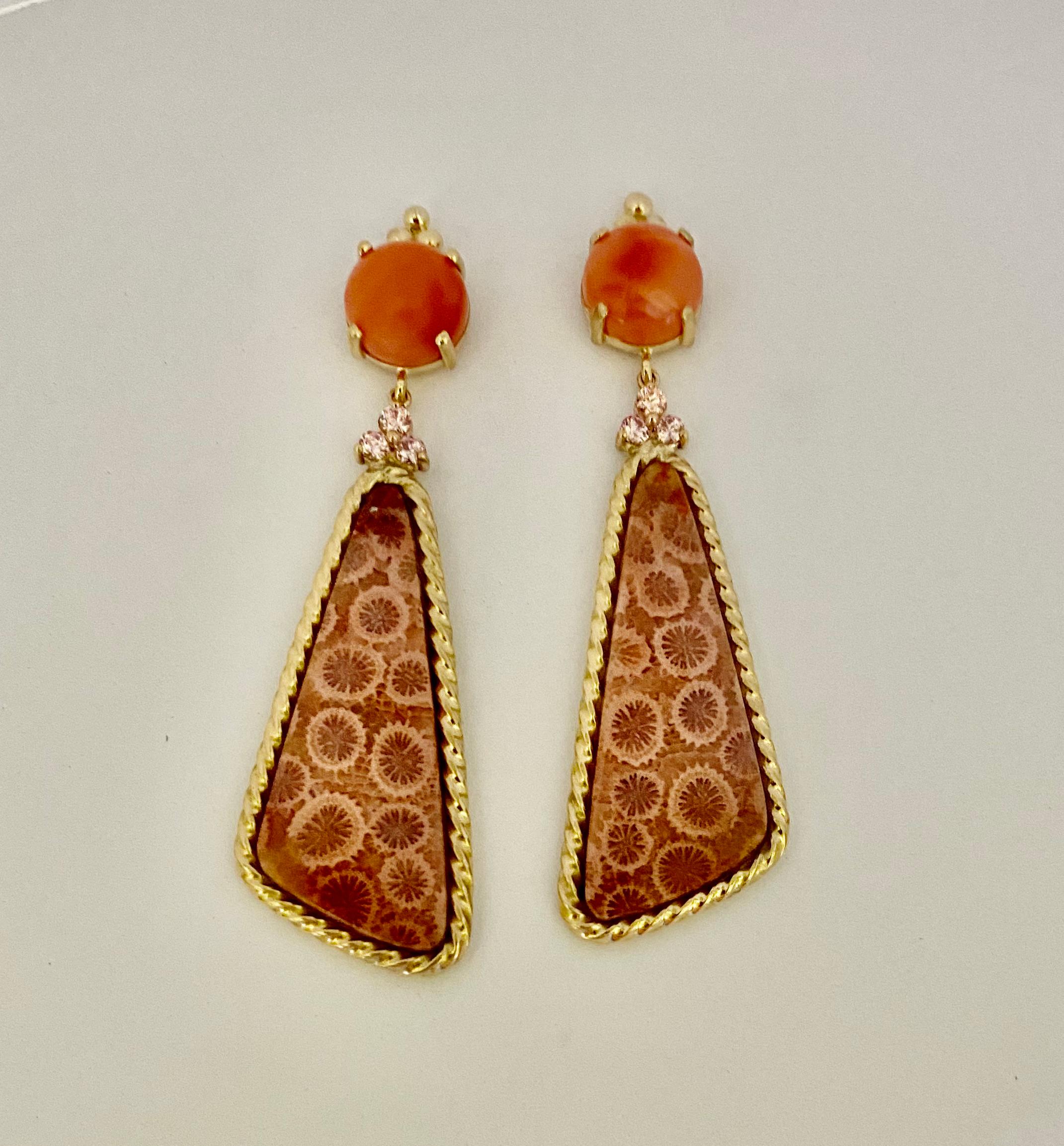 Michael Kneebone Coral Pink Sapphire Fossilized Coral Dangle Earrings In New Condition For Sale In Austin, TX