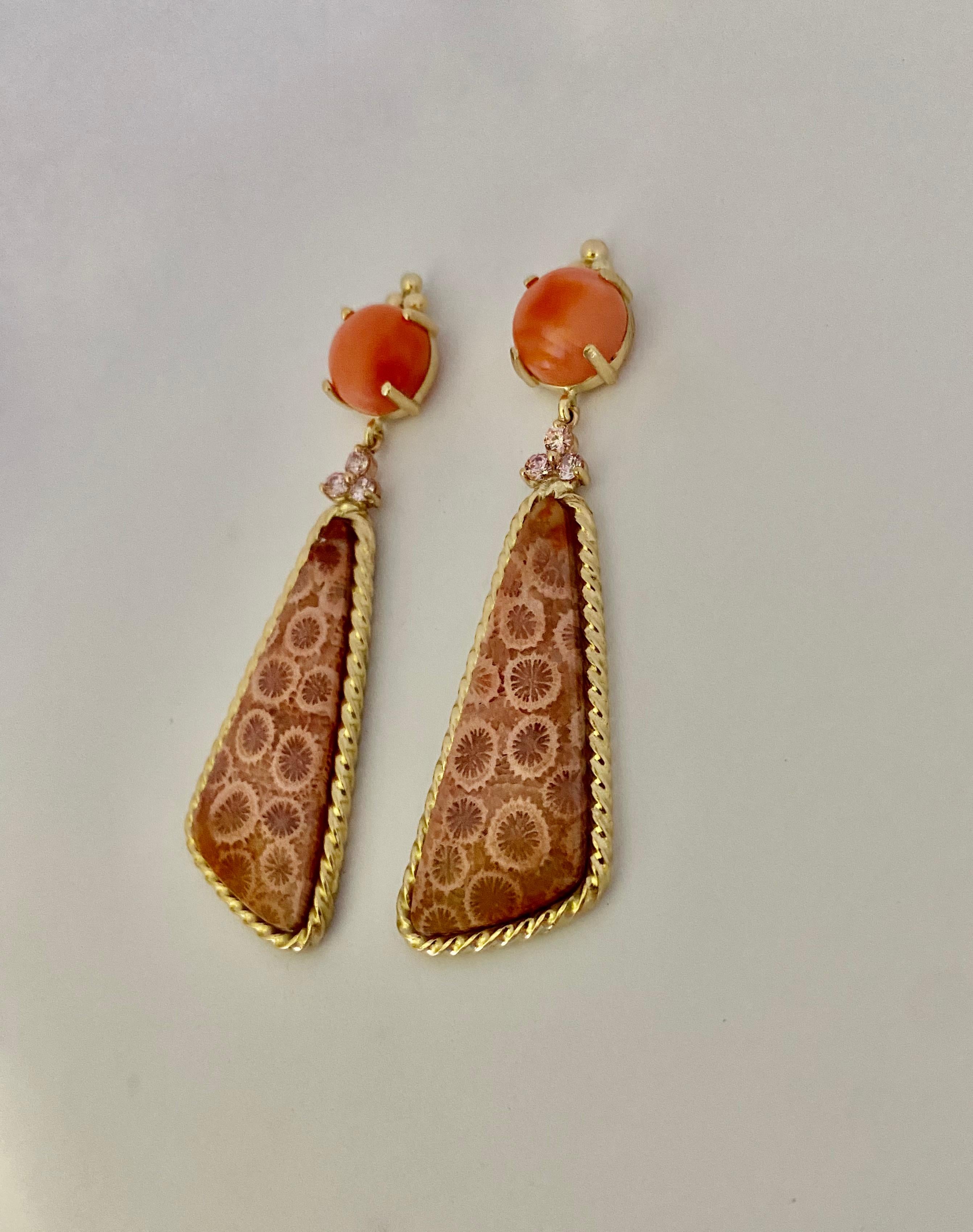 Michael Kneebone Coral Pink Sapphire Fossilized Coral Dangle Earrings For Sale 1