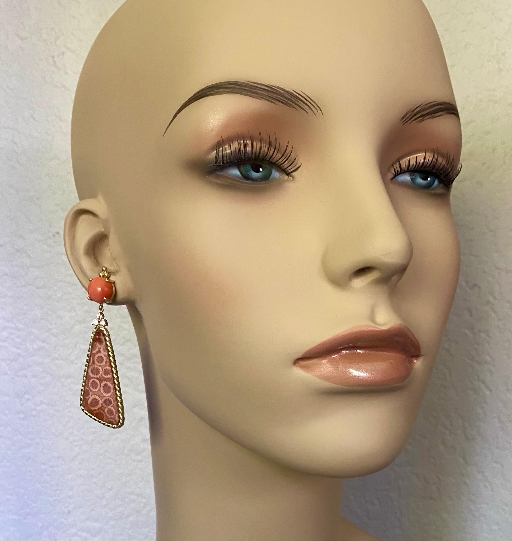 Michael Kneebone Coral Pink Sapphire Fossilized Coral Dangle Earrings For Sale 2