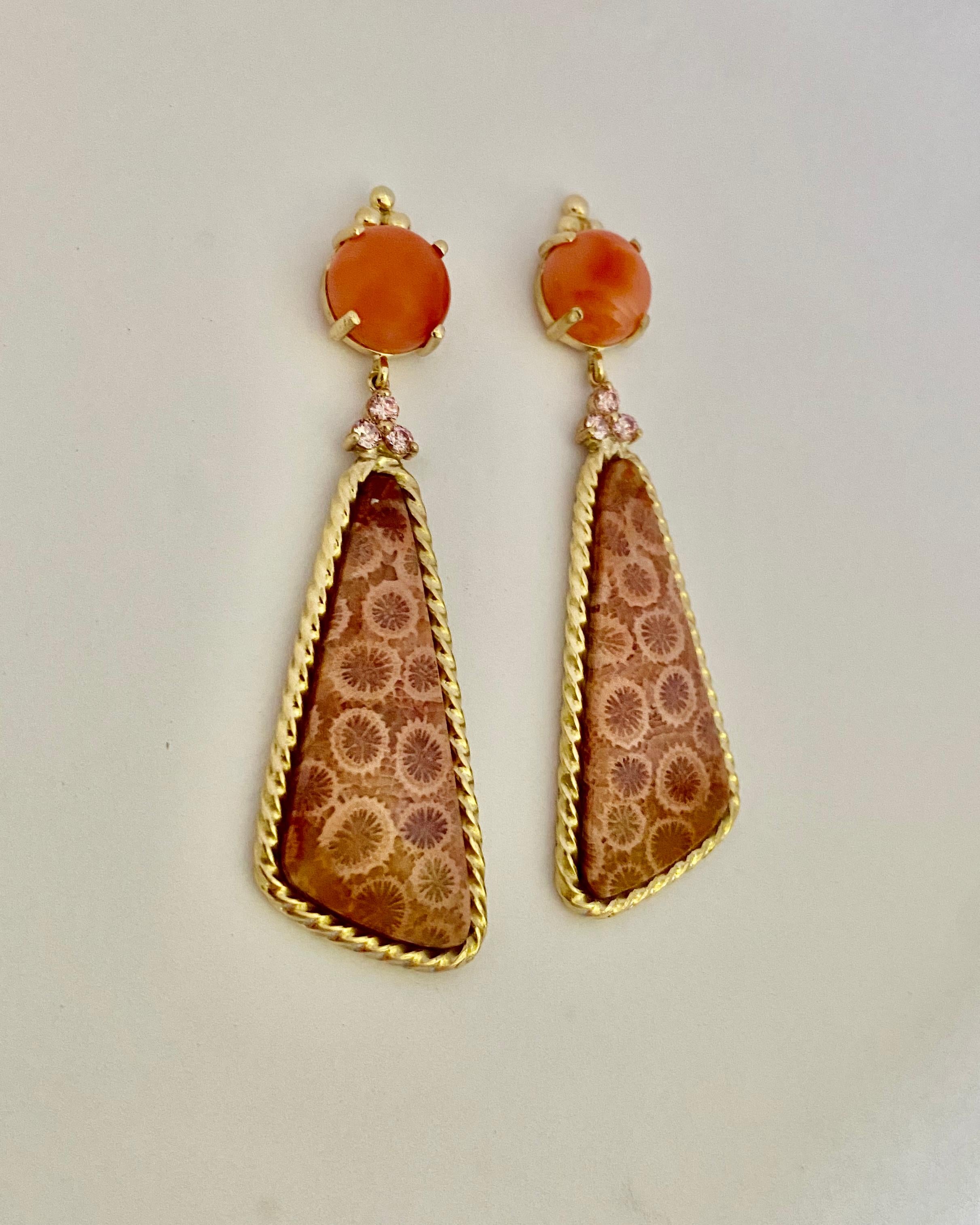 Michael Kneebone Coral Pink Sapphire Fossilized Coral Dangle Earrings For Sale 3