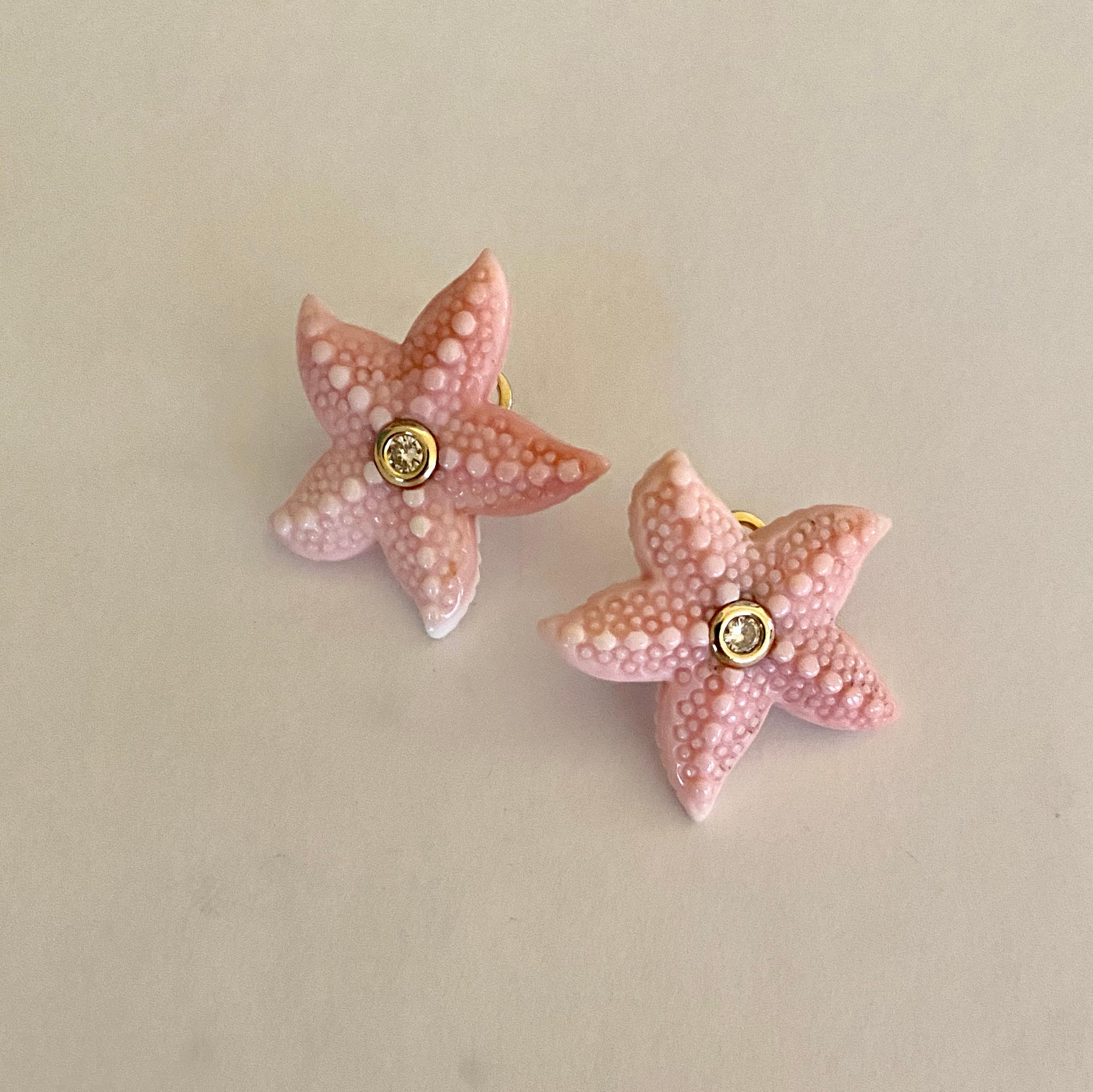 Contemporary Michael Kneebone Diamond Carved Conch Shell Starfish Button Earrings