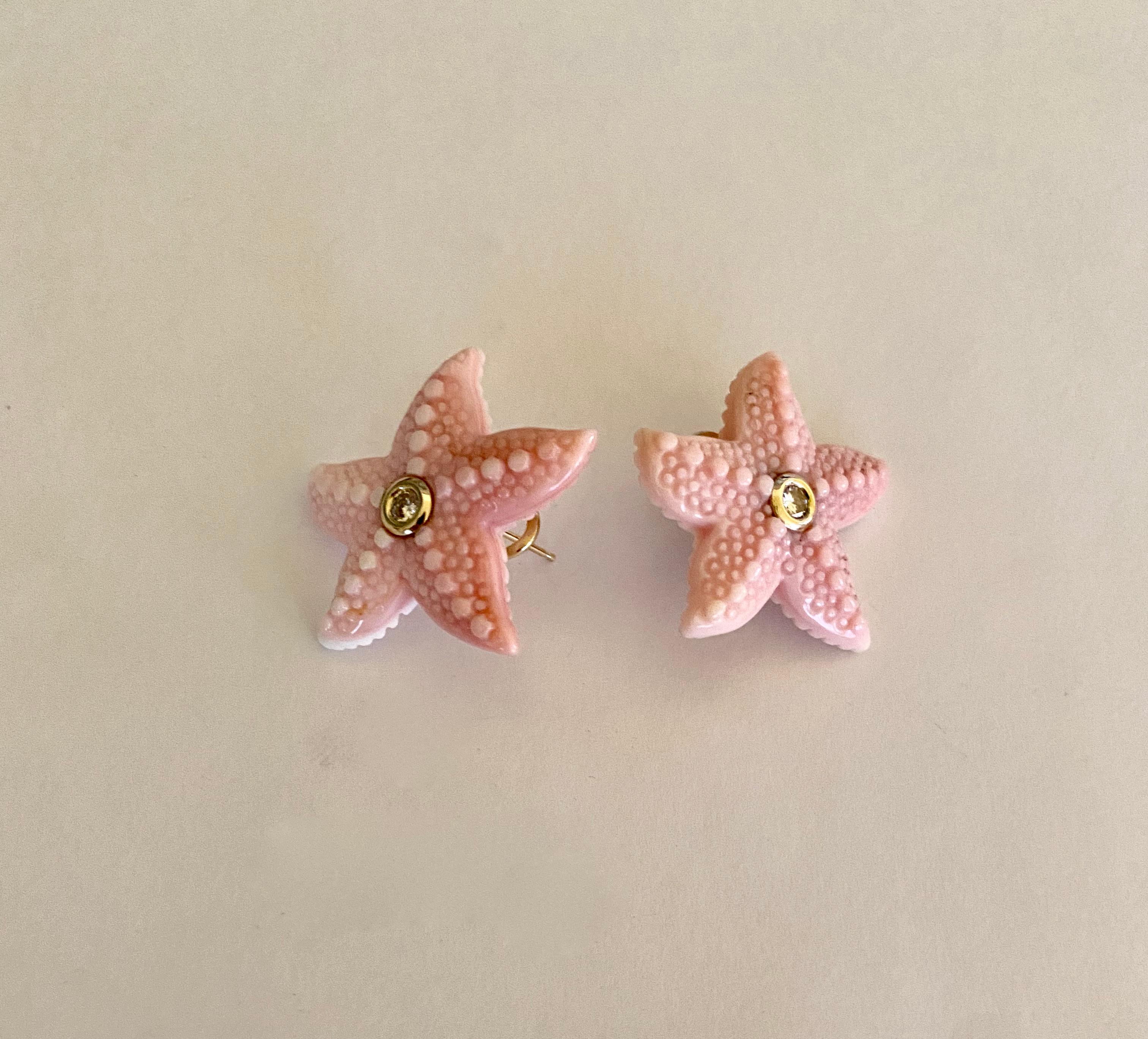 Brilliant Cut Michael Kneebone Diamond Carved Conch Shell Starfish Button Earrings