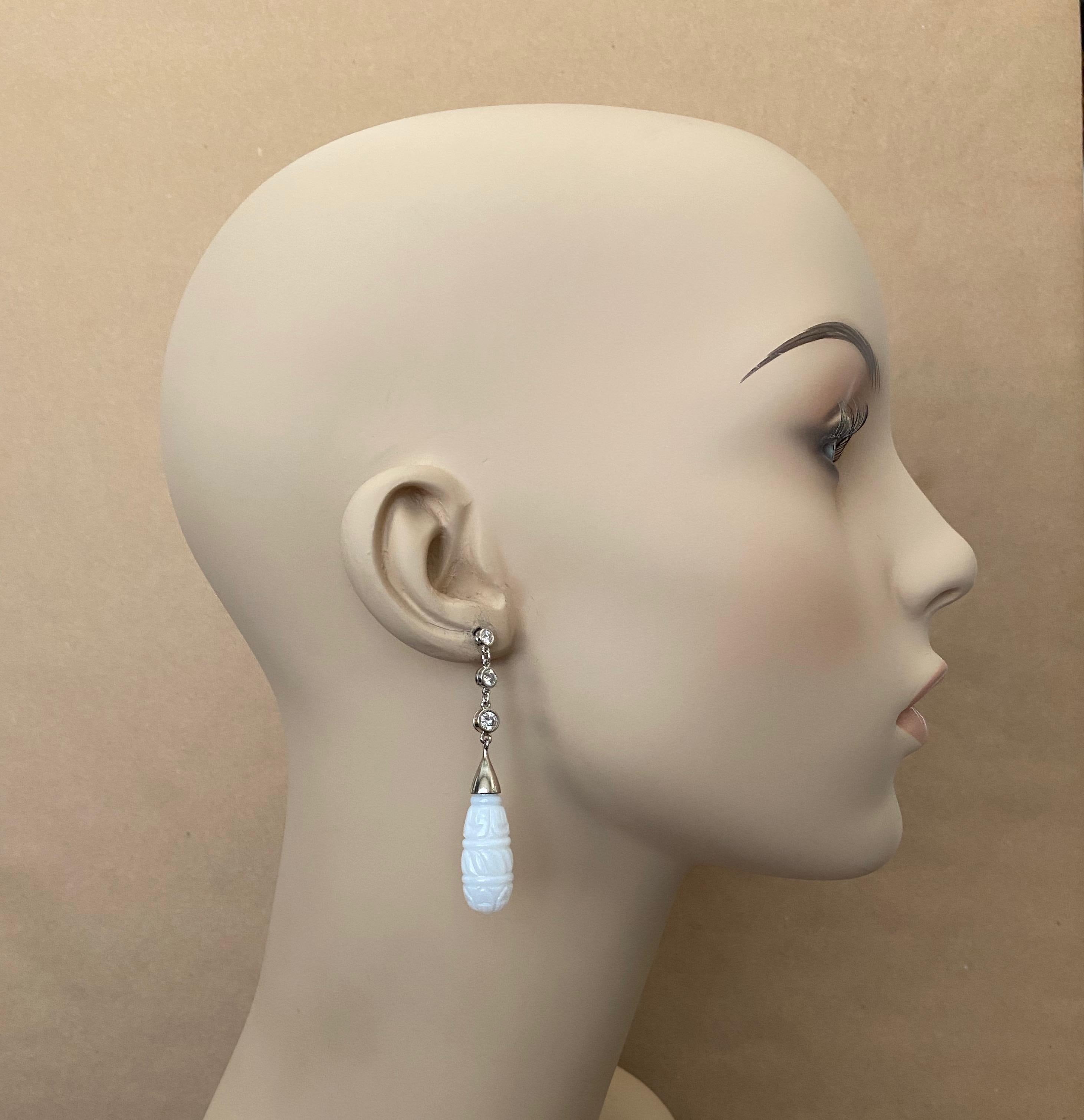Michael Kneebone Diamond Carved White Chalcedony Dangle Earrings For Sale 4