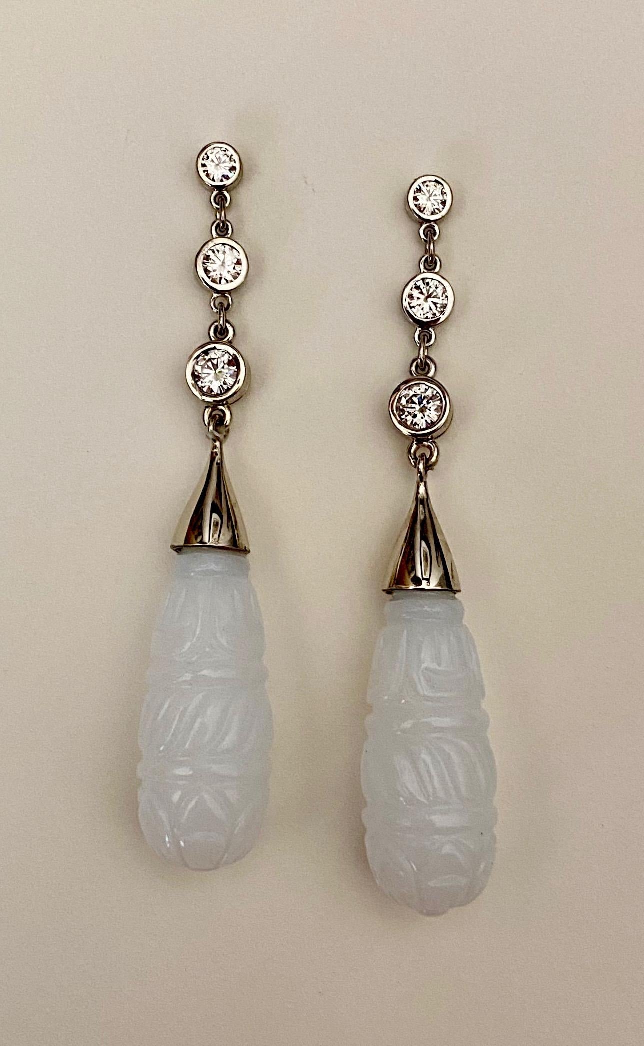 Michael Kneebone Diamond Carved White Chalcedony Dangle Earrings For Sale 5