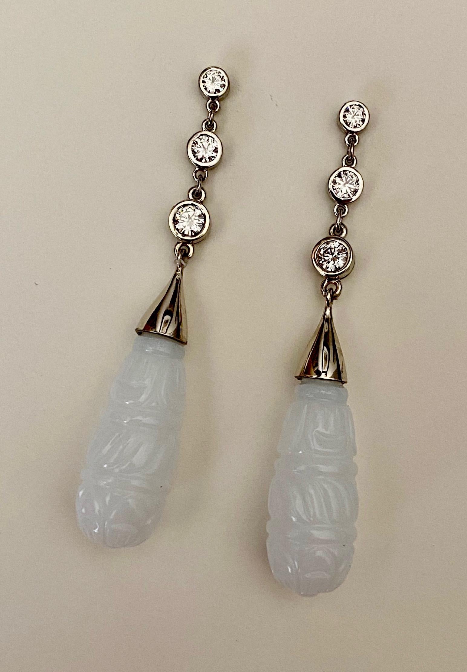 Contemporary Michael Kneebone Diamond Carved White Chalcedony Dangle Earrings For Sale