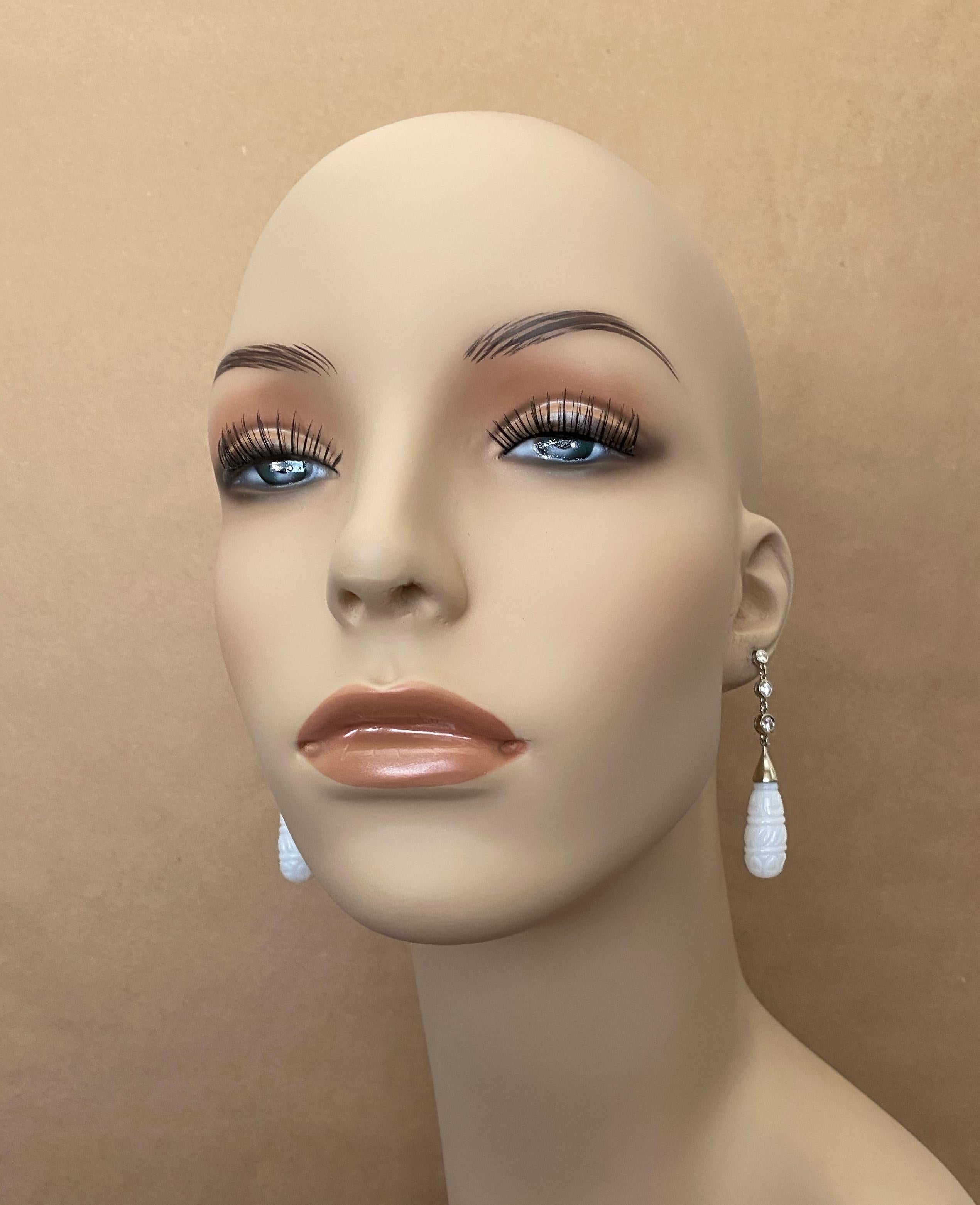 Mixed Cut Michael Kneebone Diamond Carved White Chalcedony Dangle Earrings For Sale