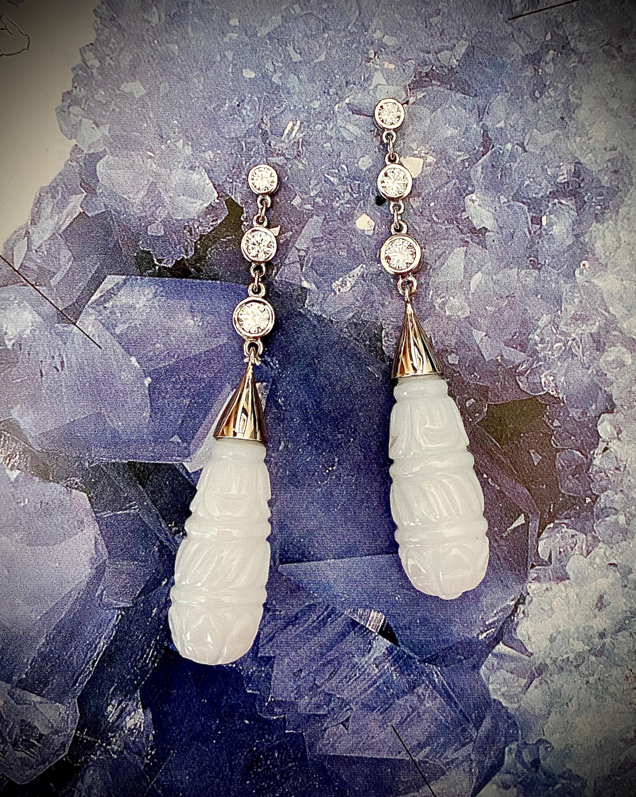 Michael Kneebone Diamond Carved White Chalcedony Dangle Earrings In New Condition For Sale In Austin, TX