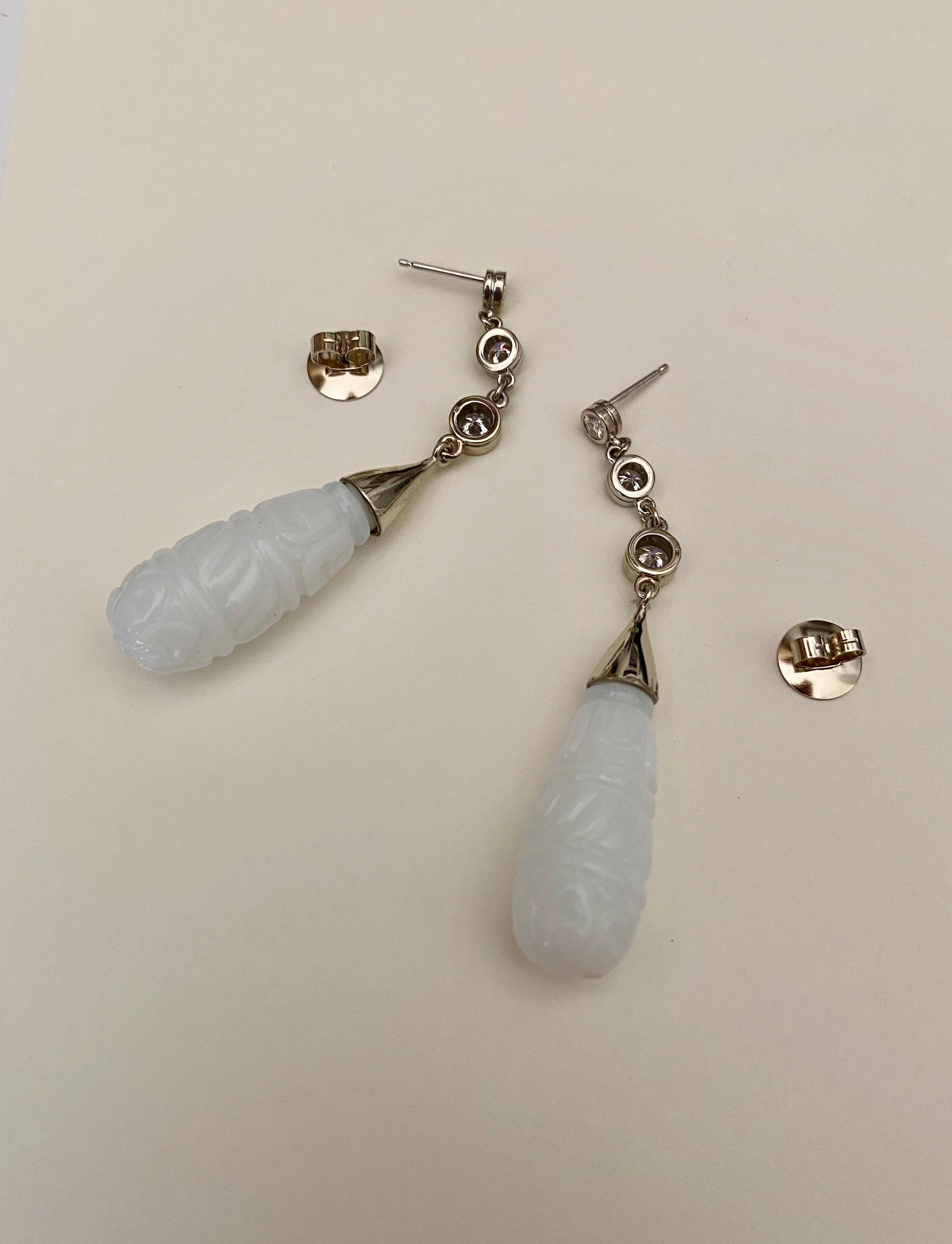 Michael Kneebone Diamond Carved White Chalcedony Dangle Earrings 3