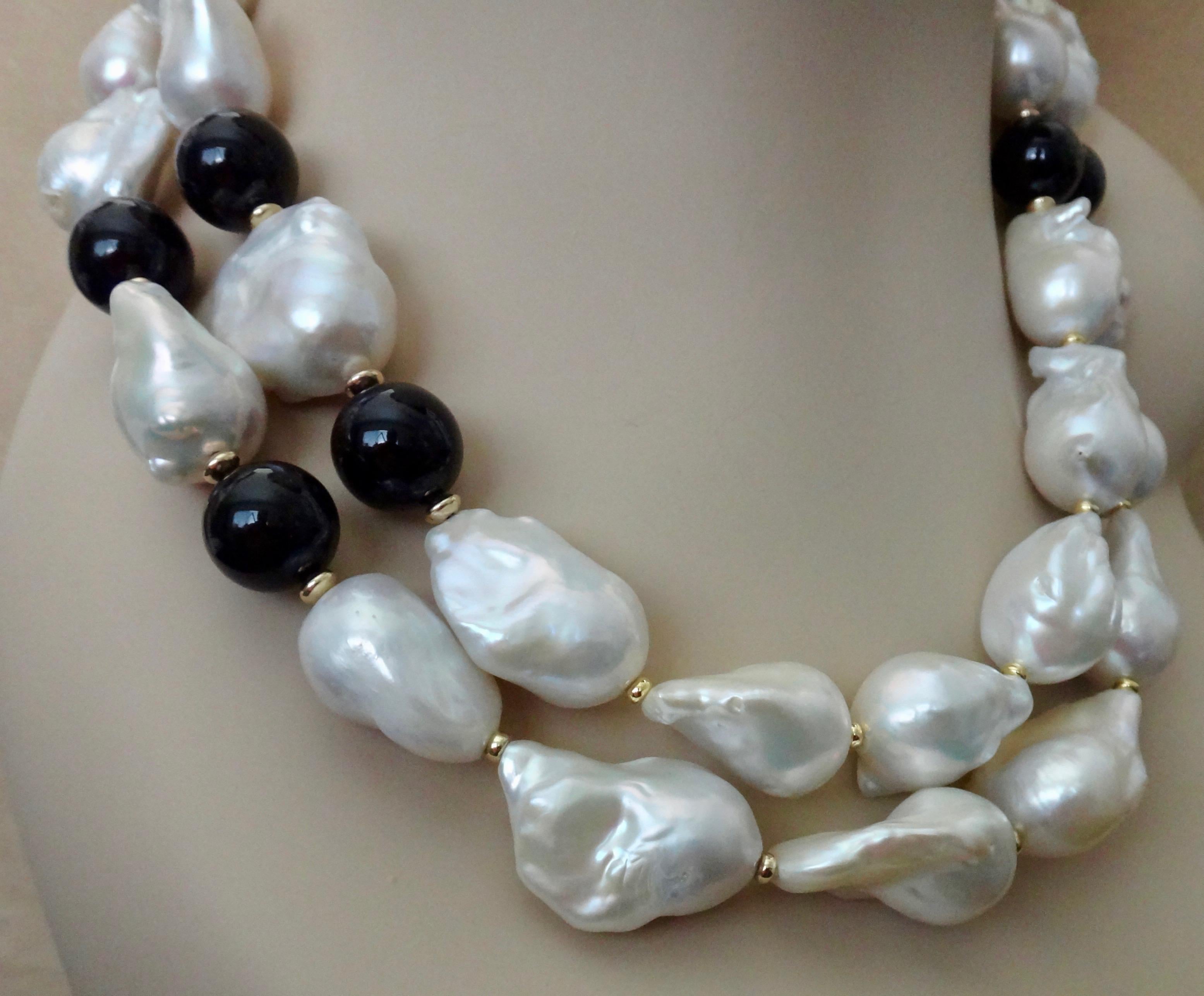Bead Michael Kneebone Double Strand Baroque Pearl Black Onyx Necklace For Sale