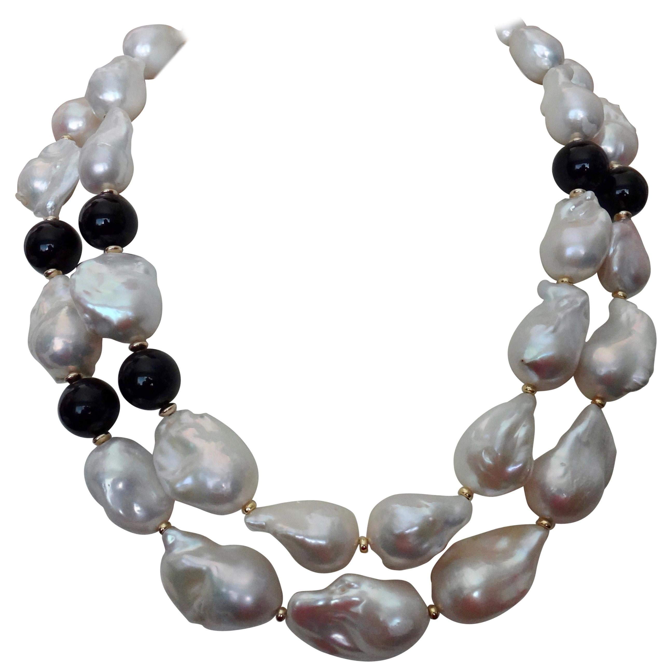 Michael Kneebone Double Strand Baroque Pearl Black Onyx Necklace For Sale