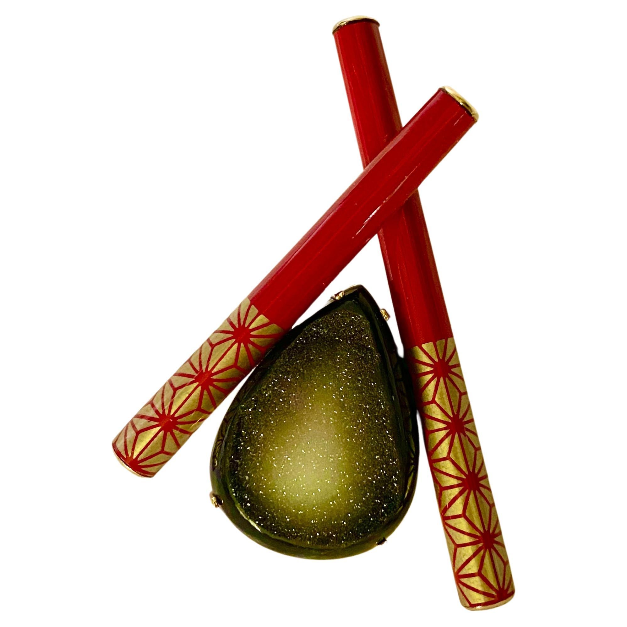 Michael Kneebone Drusy Quartz Black Diamond Lacquer Chopstick Brooch
