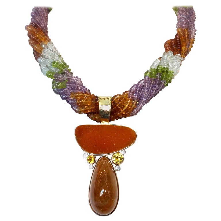 Michael Kneebone Drusy Rutilated Quartz Citrine Diamond Pendant Torsade ...