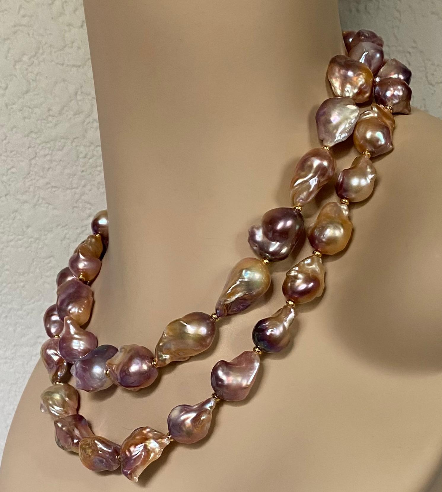 Baroque pearls are strung into a dramatic double strand necklace.  The pearls (origin: China) are known as 