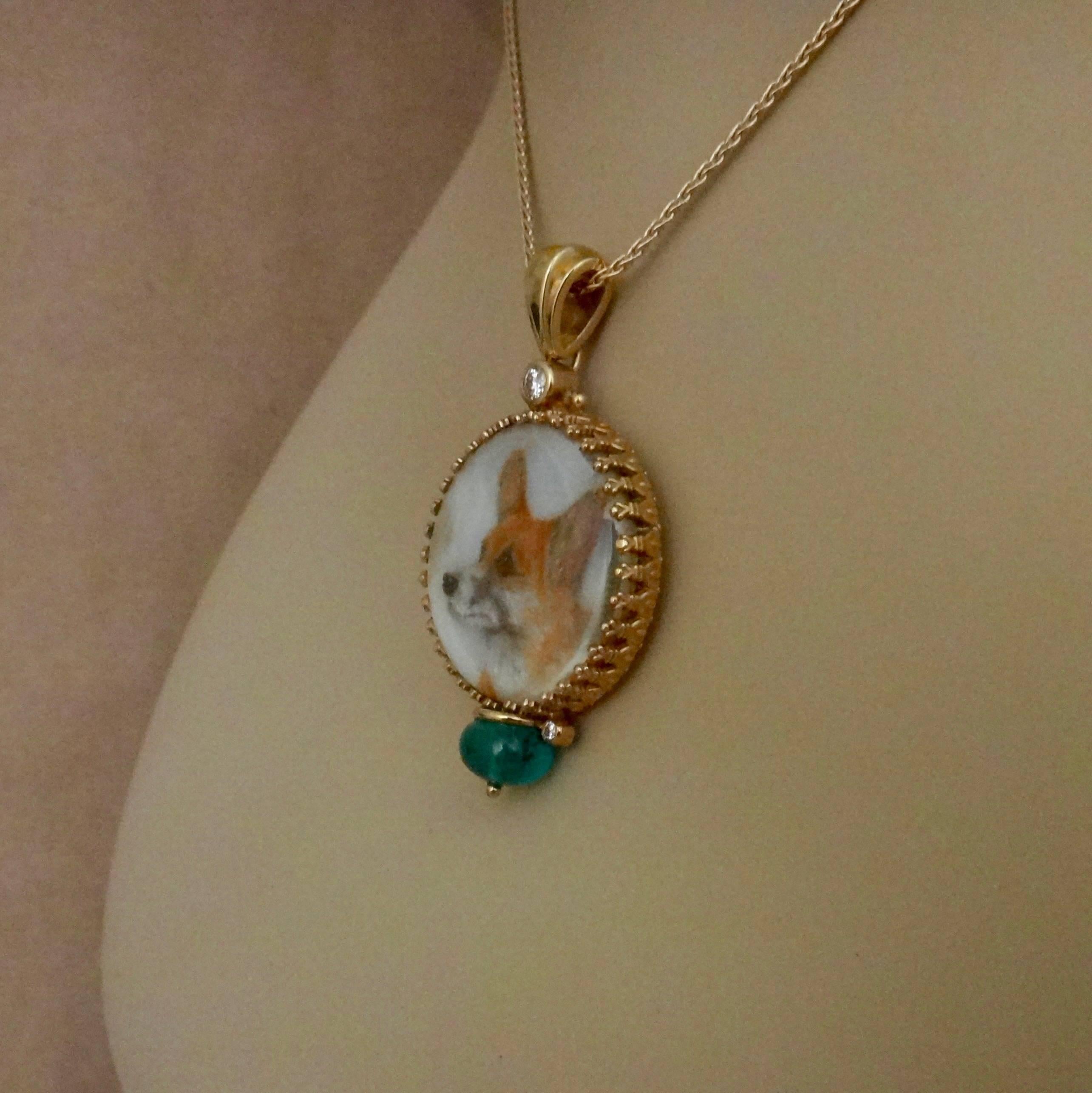 Emerald Cut Michael Kneebone Emerald Diamond Gold Welsh Corgi Portrait Pendant