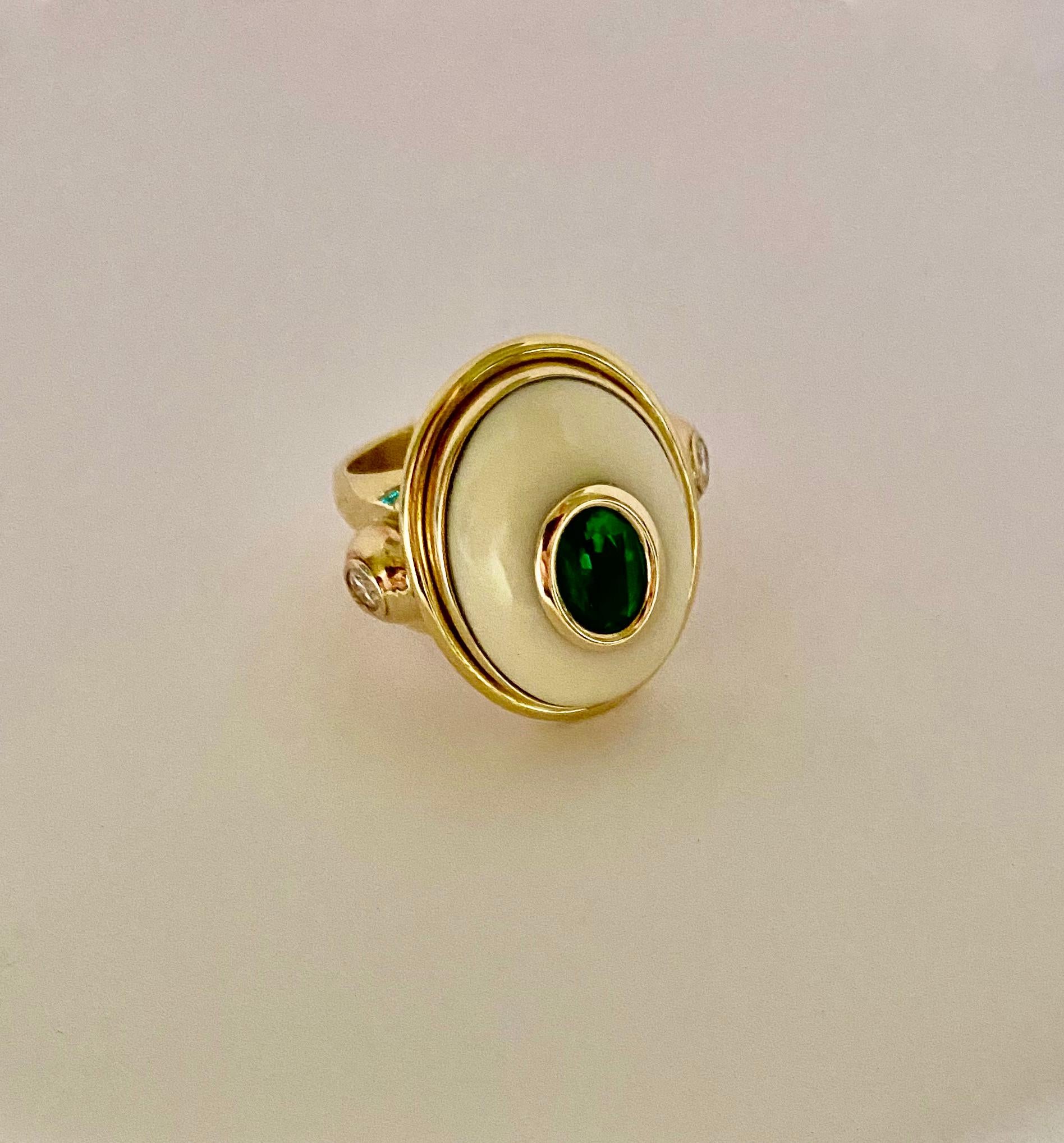 Mixed Cut Michael Kneebone Emerald White Coral Diamond Archaic Style Ring For Sale