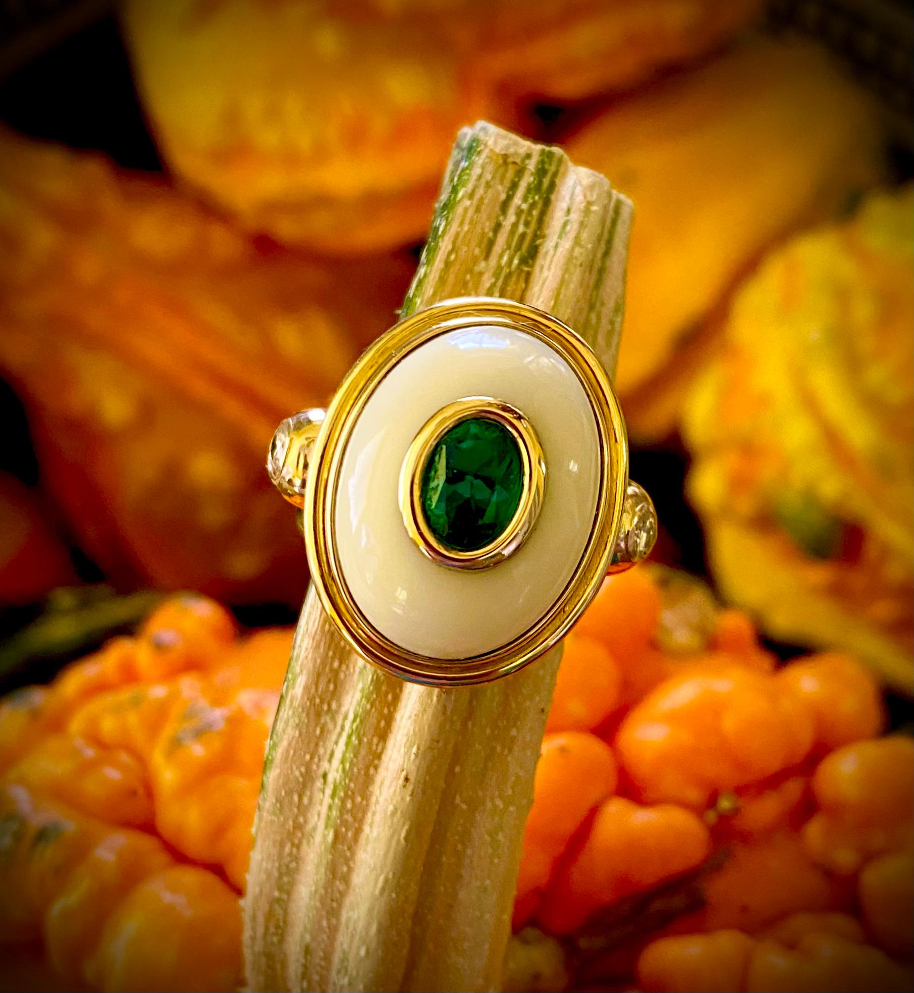 Michael Kneebone Emerald White Coral Diamond Archaic Style Ring For Sale 1
