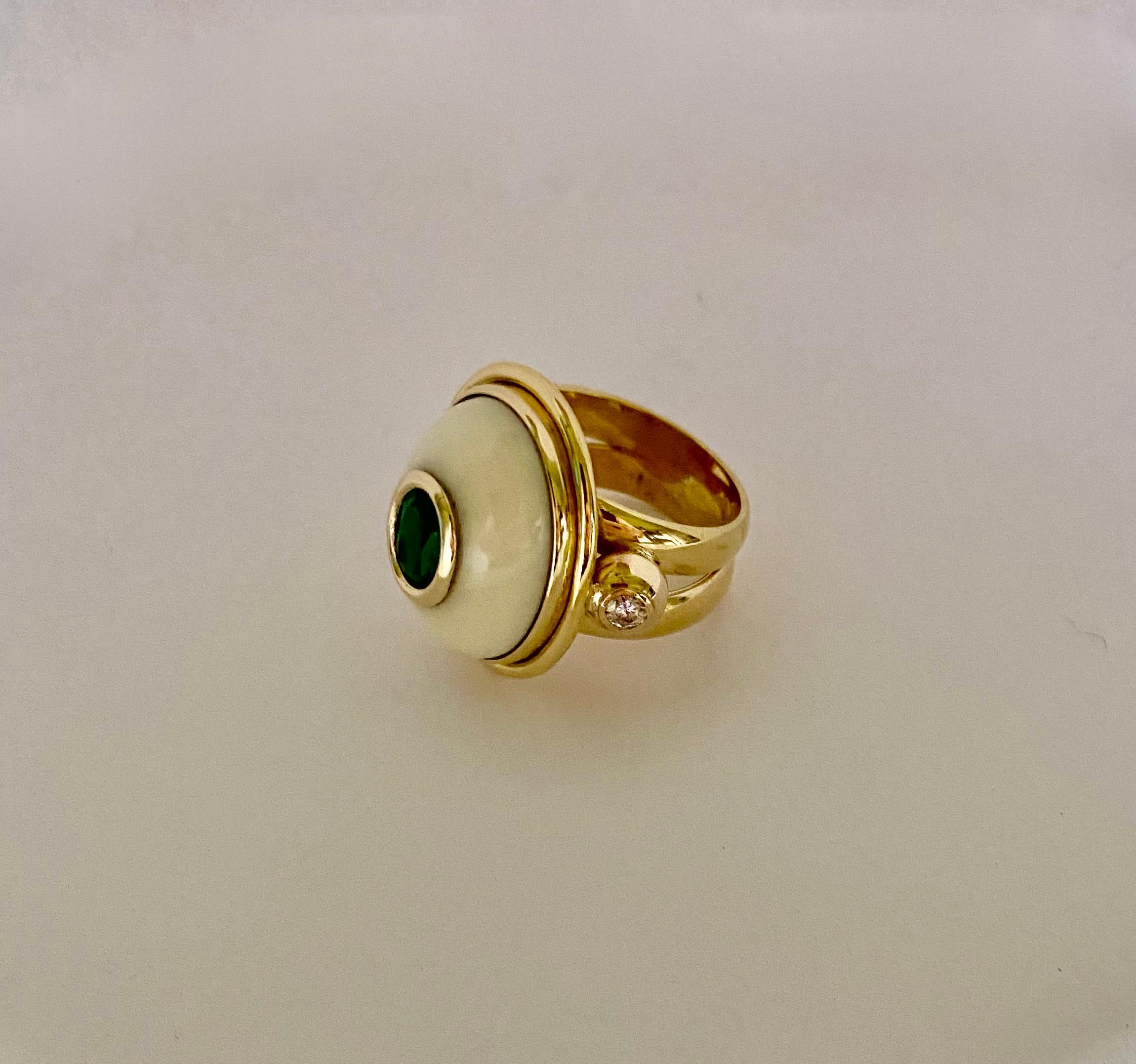 Michael Kneebone Emerald White Coral Diamond Archaic Style Ring For Sale 4